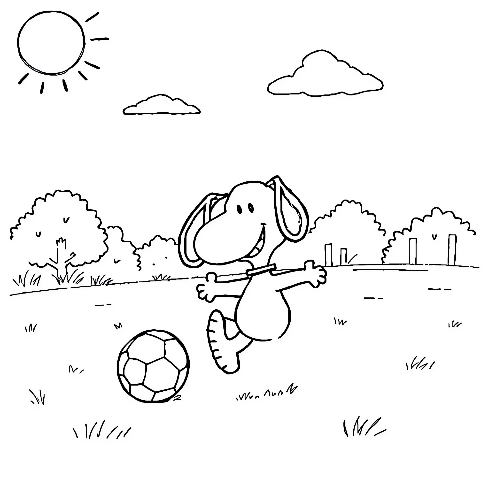 Snoopy enjoying a playful day outdoors Coloring Page (free black-and-white line drawing printable PDF for all, from beginners to advanced learners, including children, teens, adults, and seniors)