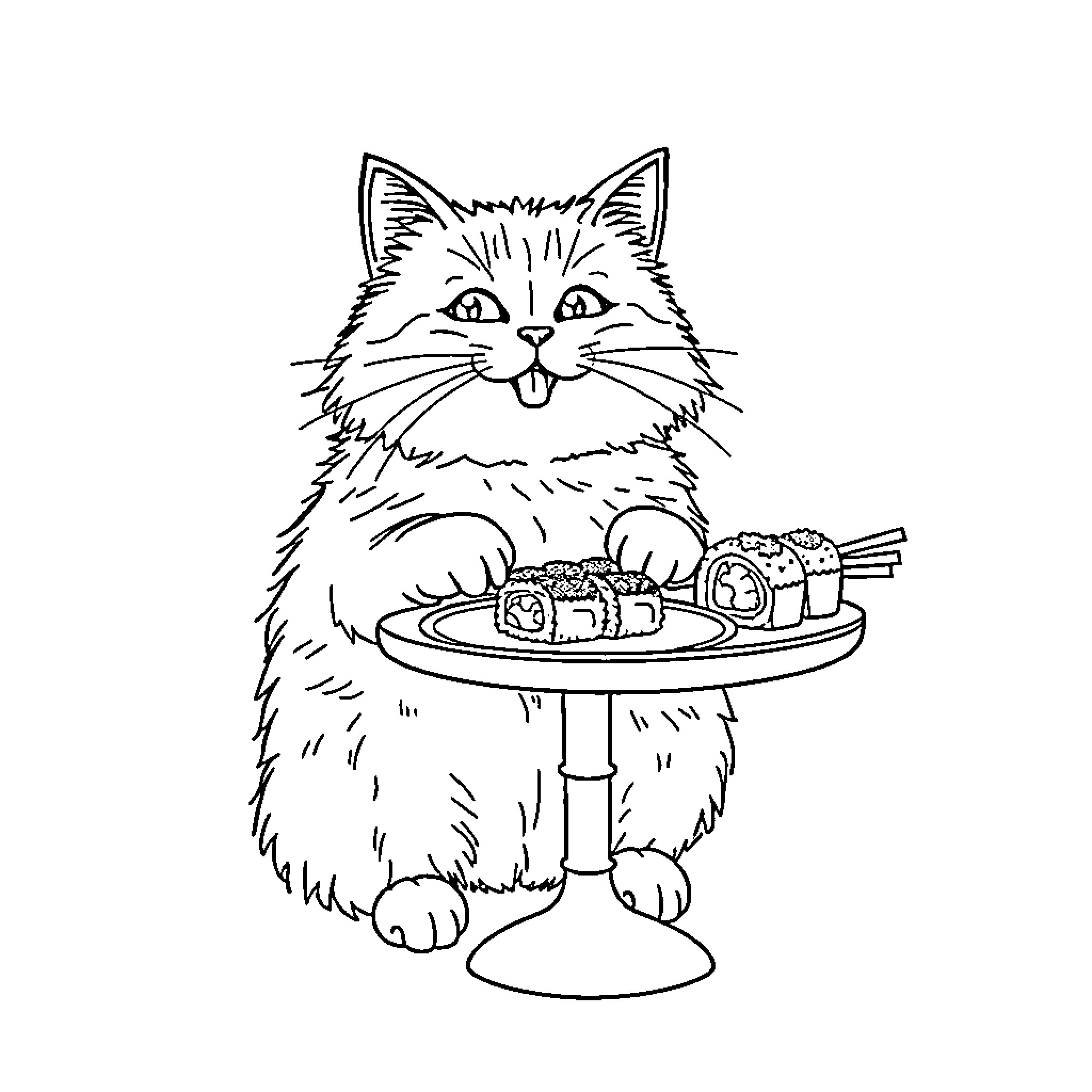 Cat enjoying sushi meal on table Coloring Page (free black-and-white line drawing printable PDF for all, from beginners to advanced learners, including children, teens, adults, and seniors)