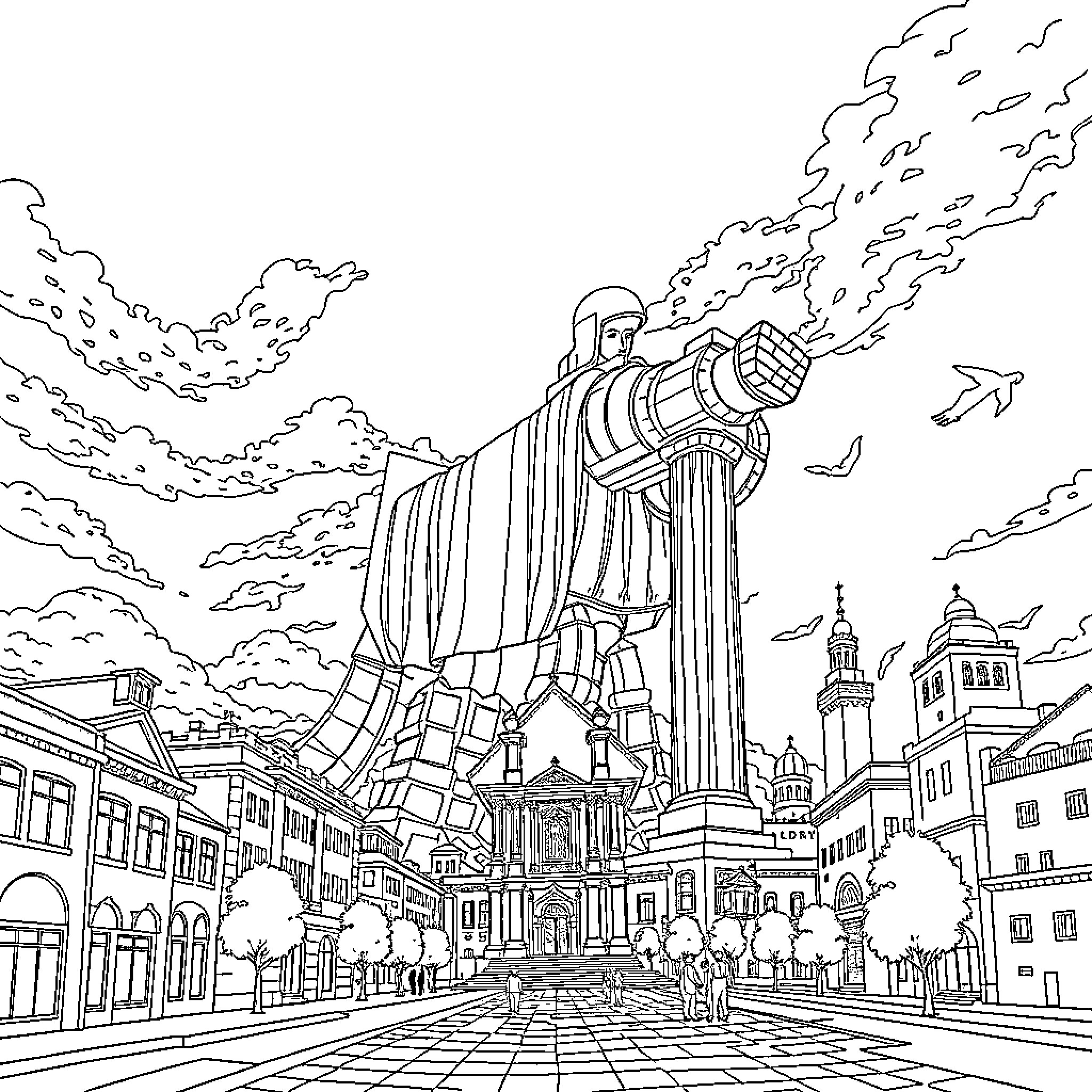 Giant Robotic Statue Towers Over Cityscape Coloring Page (free black-and-white line drawing printable PDF for all, from beginners to advanced learners, including children, teens, adults, and seniors)