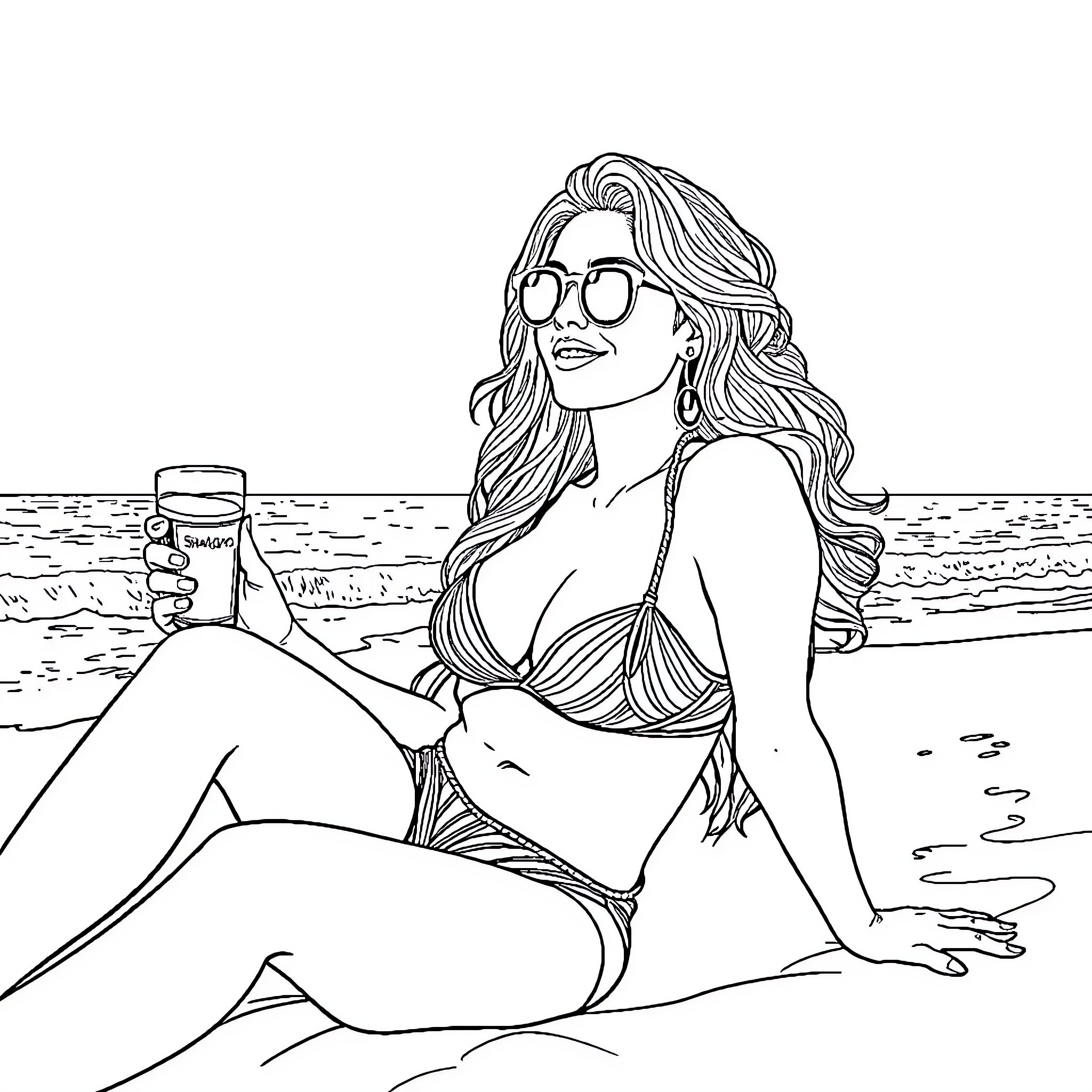 Shakira relaxing on the beach in a stylish swimsuit Coloring Page (free black-and-white line drawing printable PDF for all, from beginners to advanced learners, including children, teens, adults, and seniors)