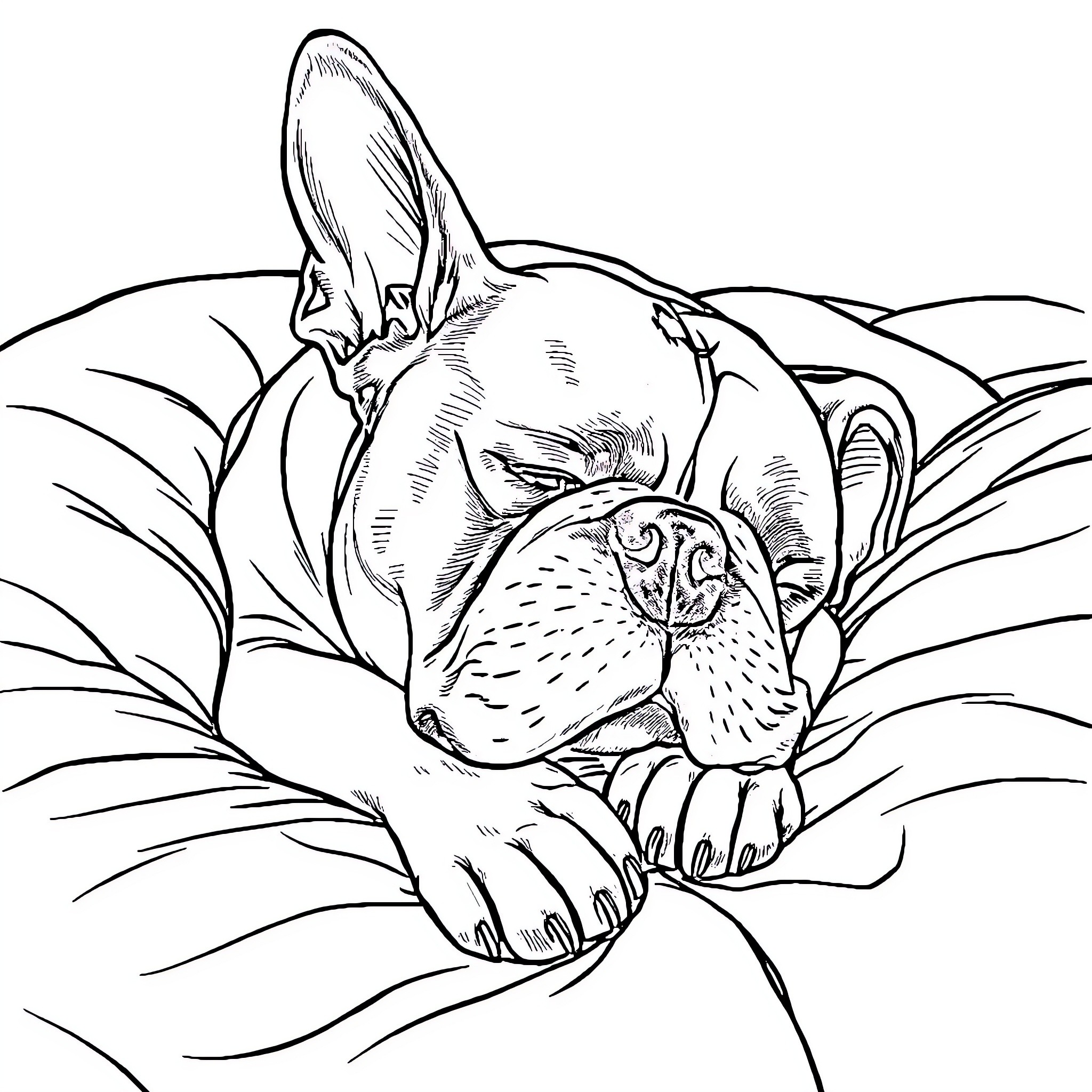 Bulldog sleeping peacefully in the grass Coloring Page (free black-and-white line drawing printable PDF for all, from beginners to advanced learners, including children, teens, adults, and seniors)