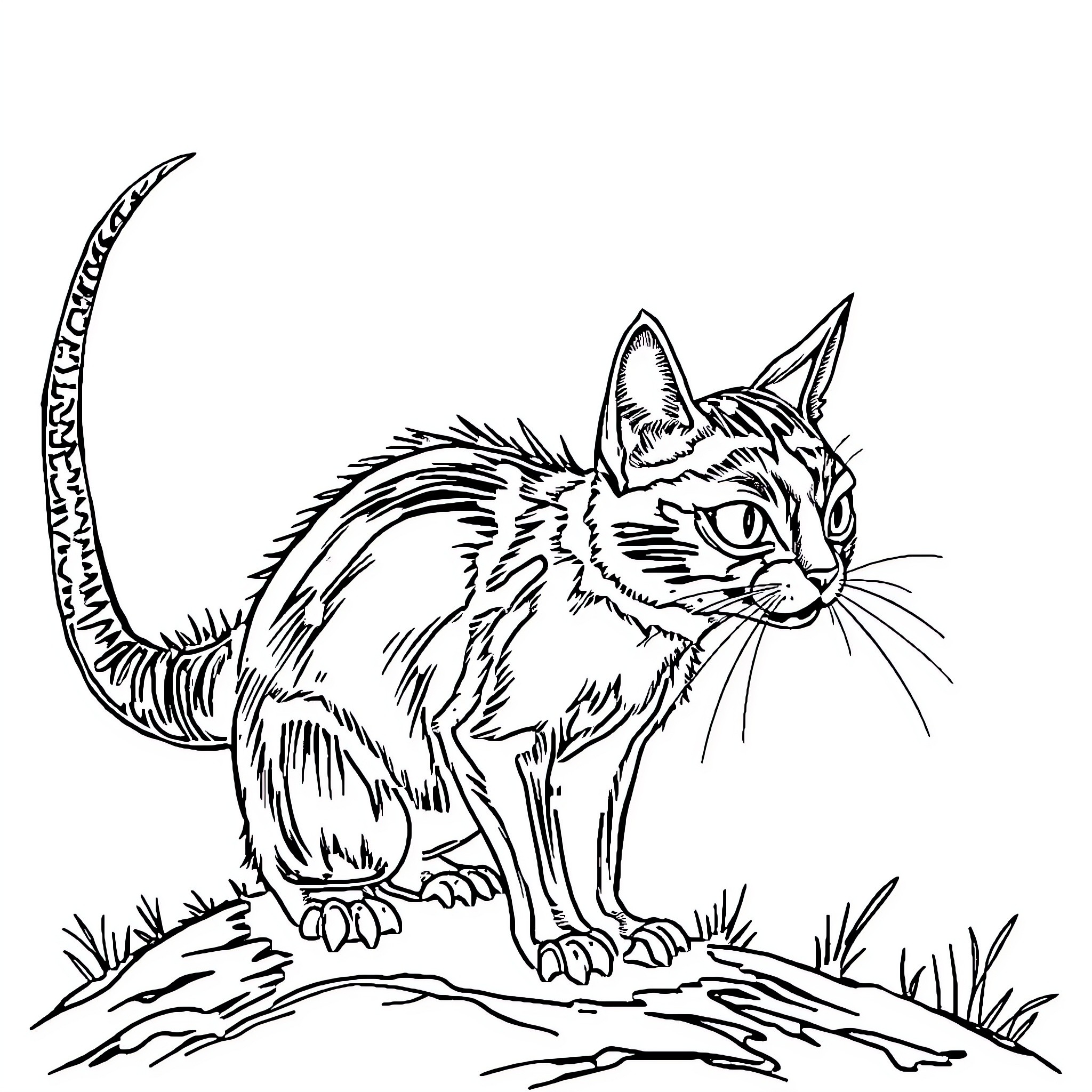 Cat Salamander exploring the wilderness Coloring Page (free black-and-white line drawing printable PDF for all, from beginners to advanced learners, including children, teens, adults, and seniors)