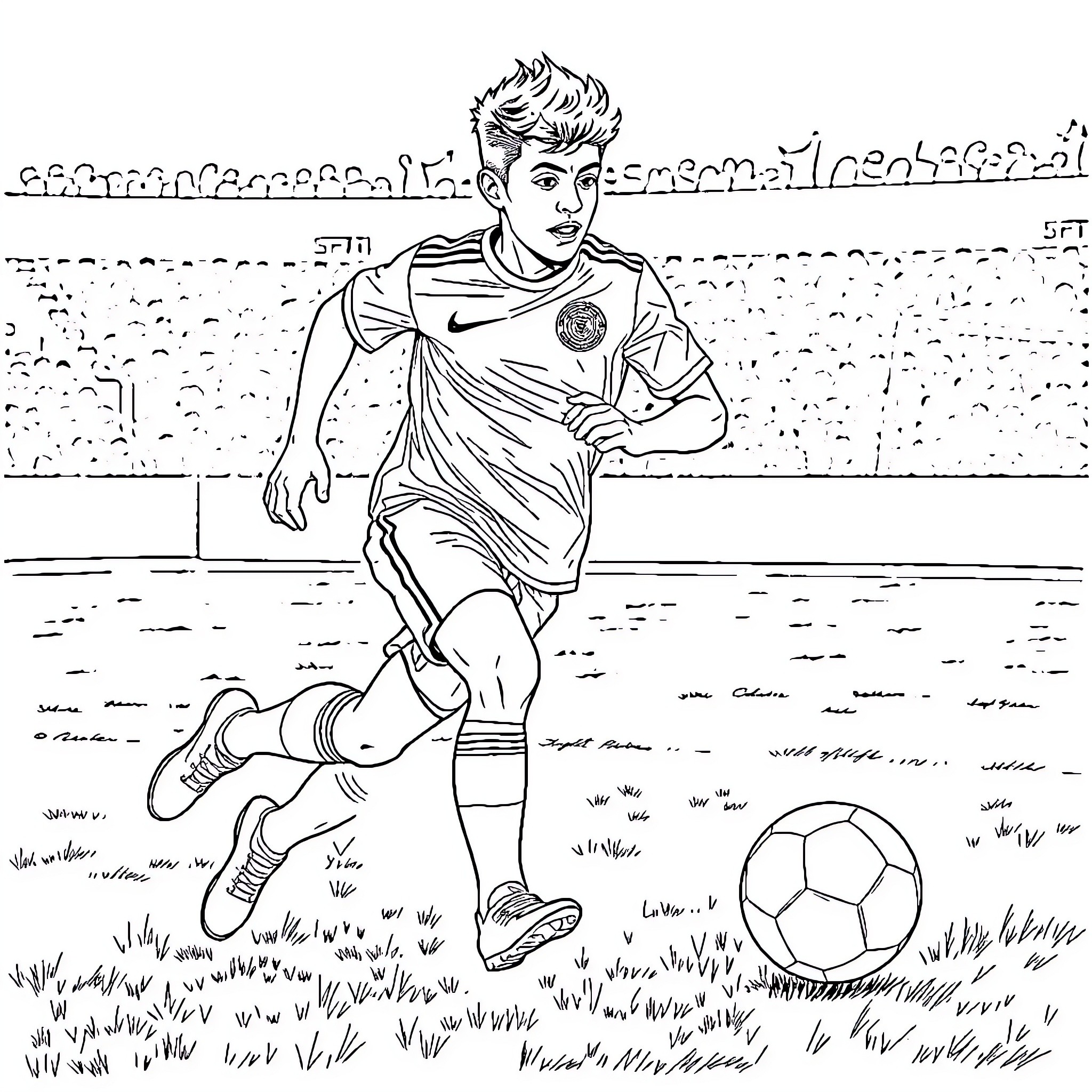 Lamine Yamal playing football on the field Coloring Page (free black-and-white line drawing printable PDF for all, from beginners to advanced learners, including children, teens, adults, and seniors)
