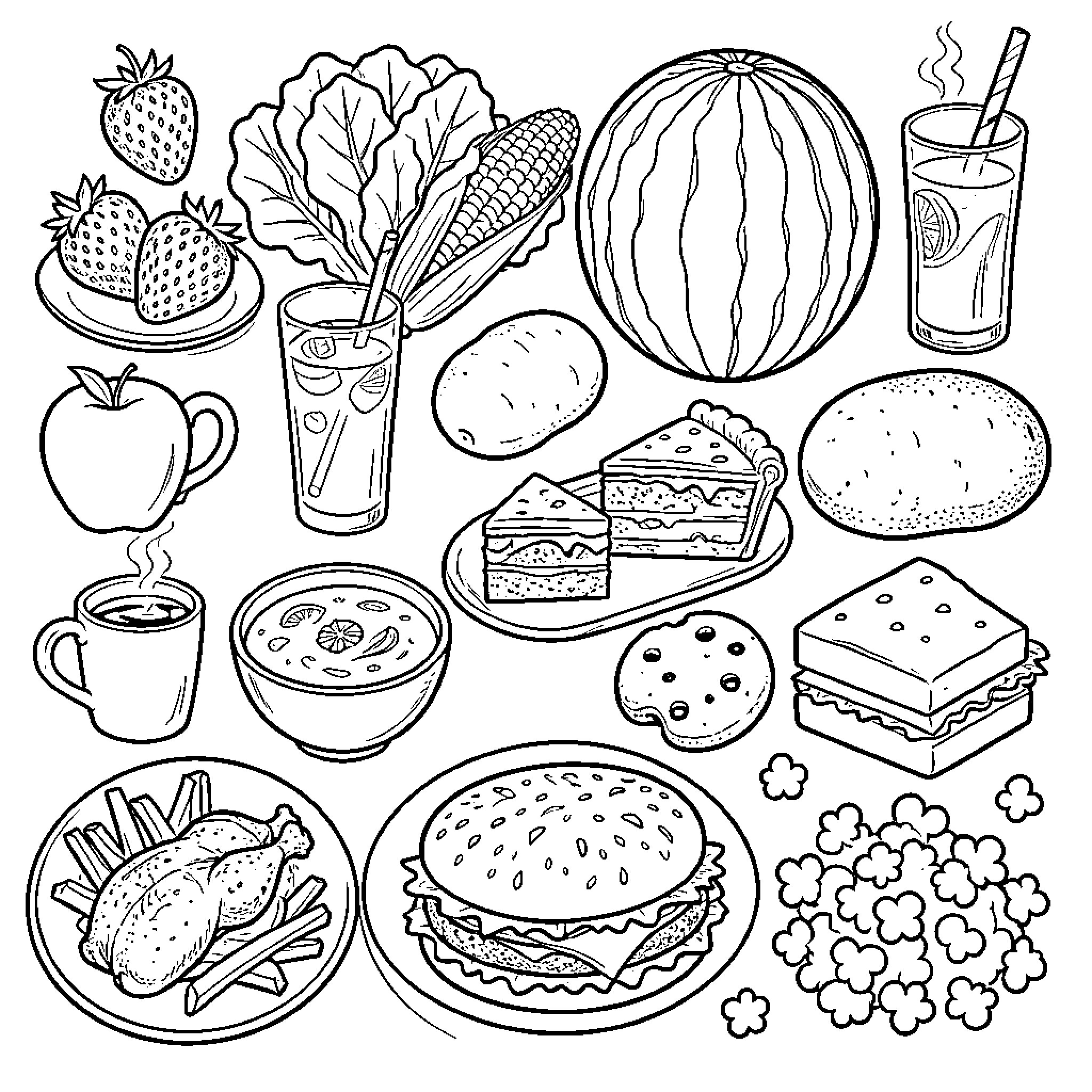 Food assortment featuring various snacks and drinks Coloring Page (free black-and-white line drawing printable PDF for all, from beginners to advanced learners, including children, teens, adults, and seniors)