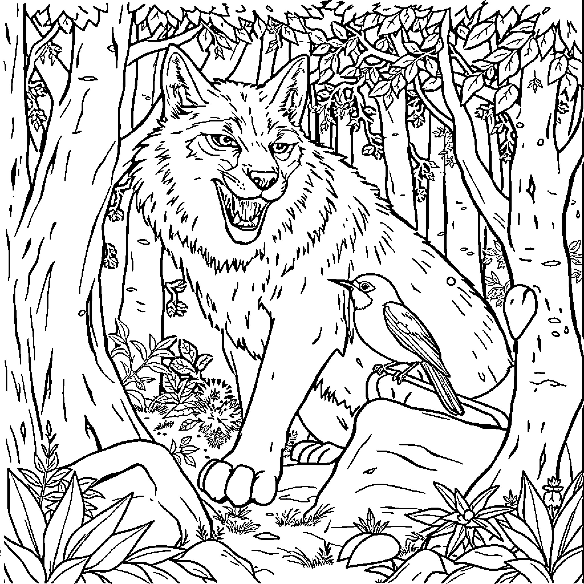 Lobo's Joyful Forest Encounter Coloring Page (free black-and-white line drawing printable PDF for all, from beginners to advanced learners, including children, teens, adults, and seniors)
