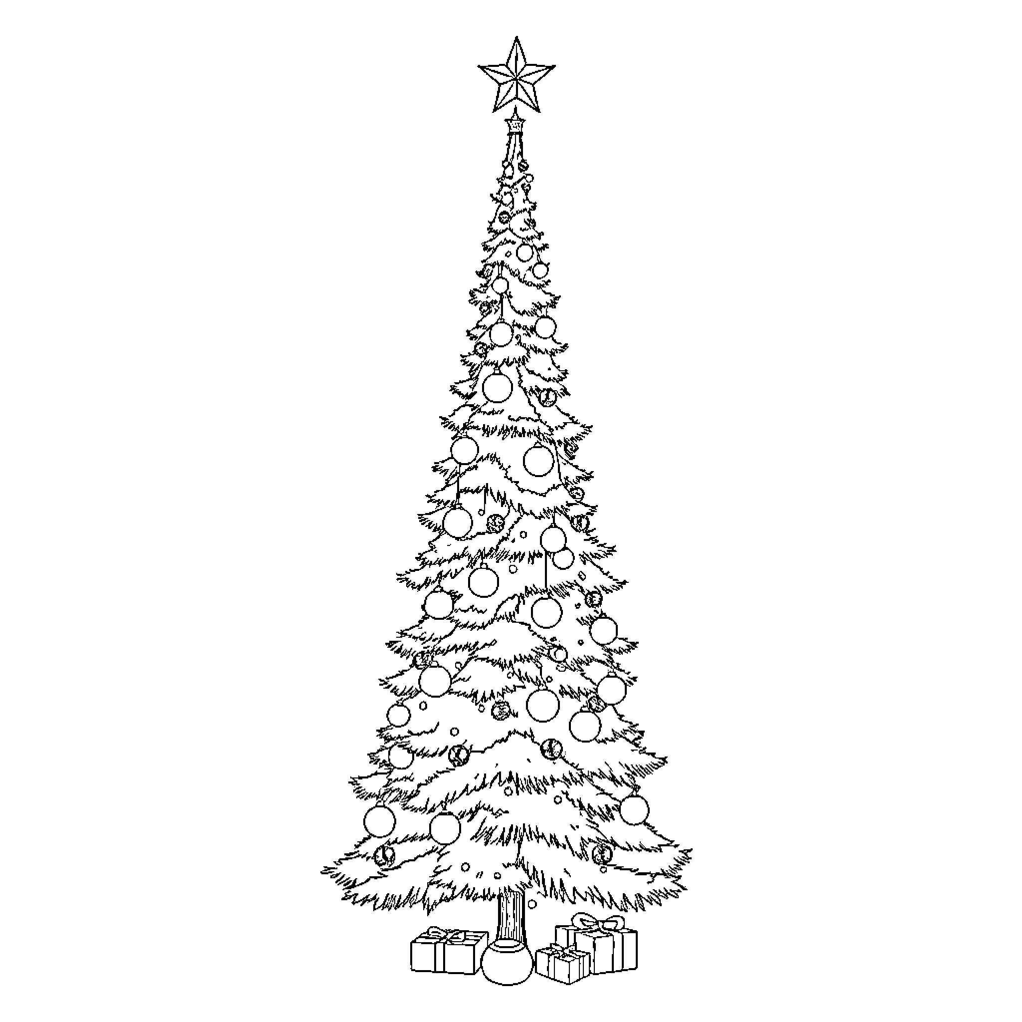 Christmas Tree with Ornaments and Gifts Coloring Page (free black-and-white line drawing printable PDF for all, from beginners to advanced learners, including children, teens, adults, and seniors)