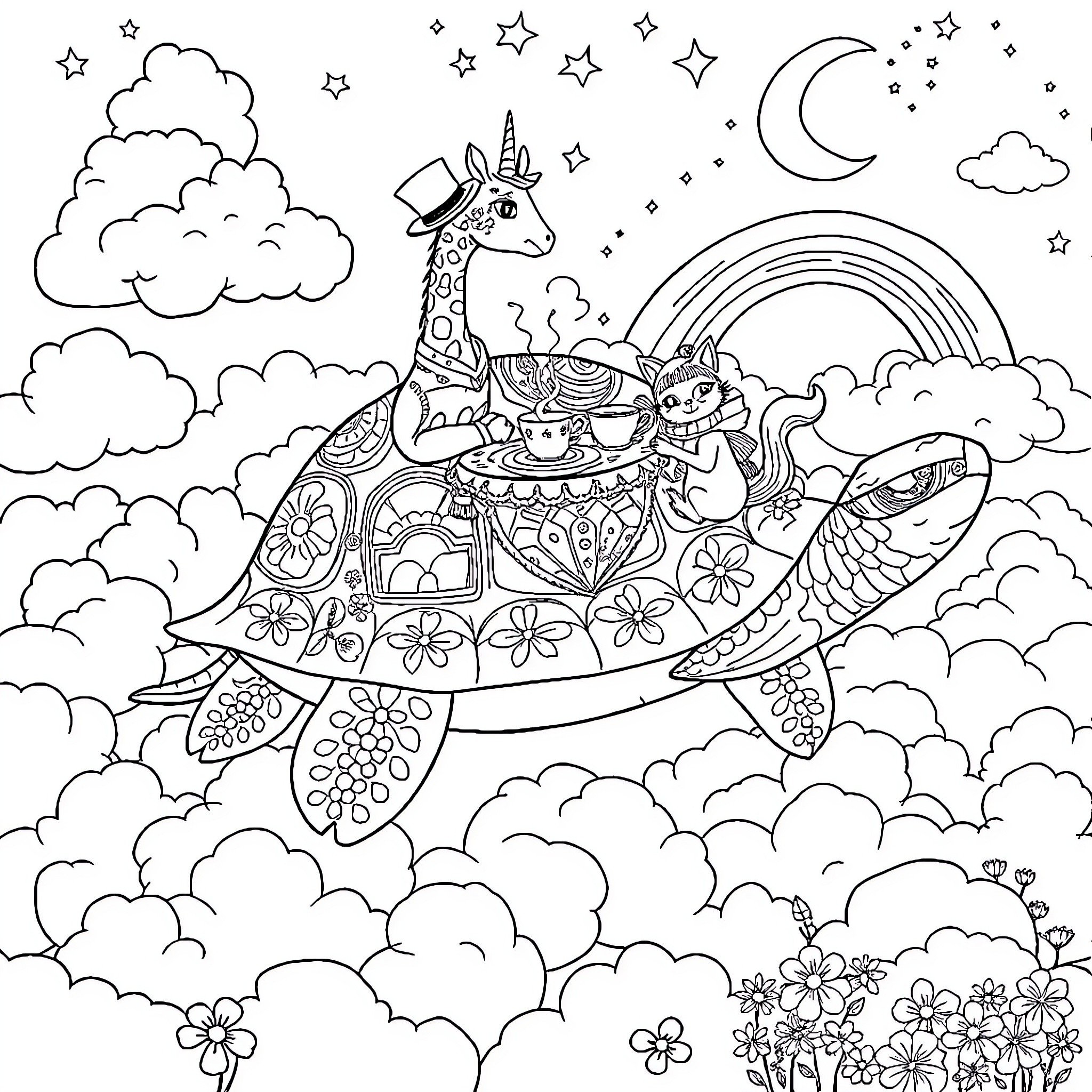 Turtle with unicorn and friends in the night sky Coloring Page (free black-and-white line drawing printable PDF for all, from beginners to advanced learners, including children, teens, adults, and seniors)