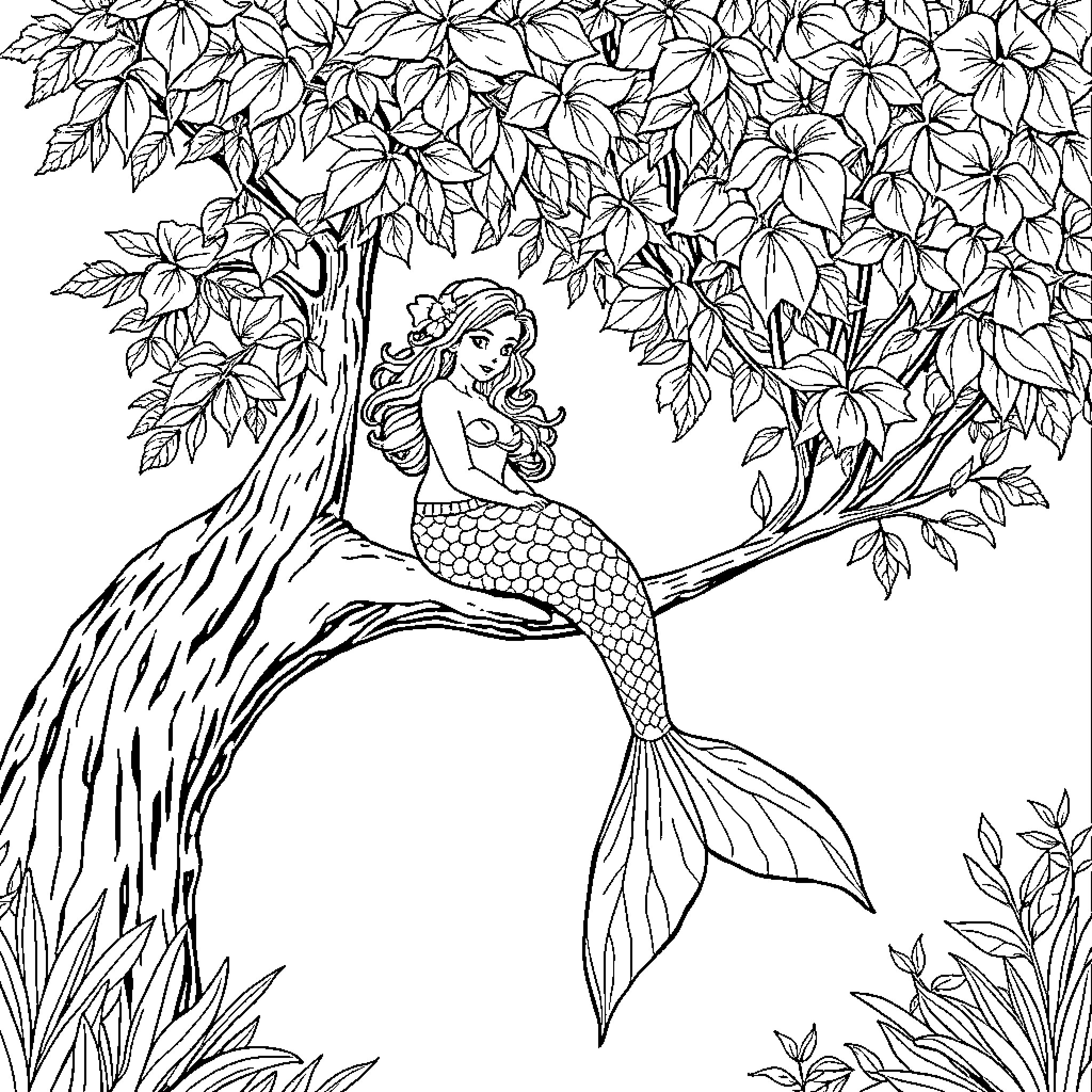 Mermaid relaxing in a lush forest scene Coloring Page (free black-and-white line drawing printable PDF for all, from beginners to advanced learners, including children, teens, adults, and seniors)
