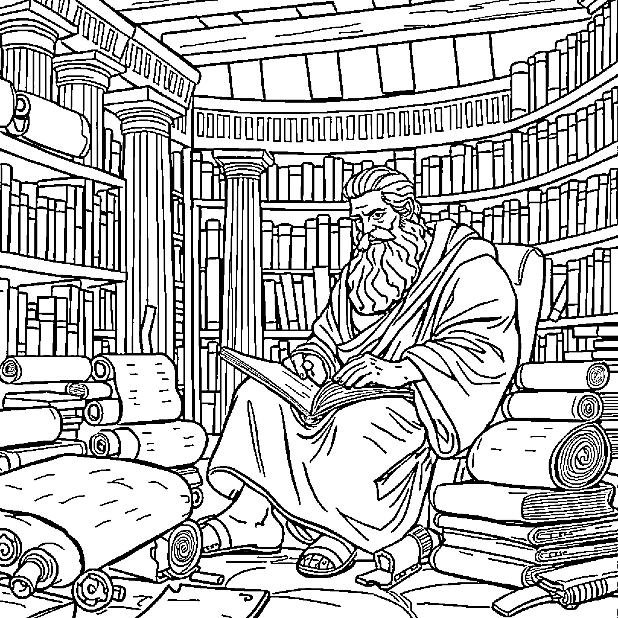 Thucydides in a Scholarly Library Coloring Page (free black-and-white line drawing printable PDF for all, from beginners to advanced learners, including children, teens, adults, and seniors)