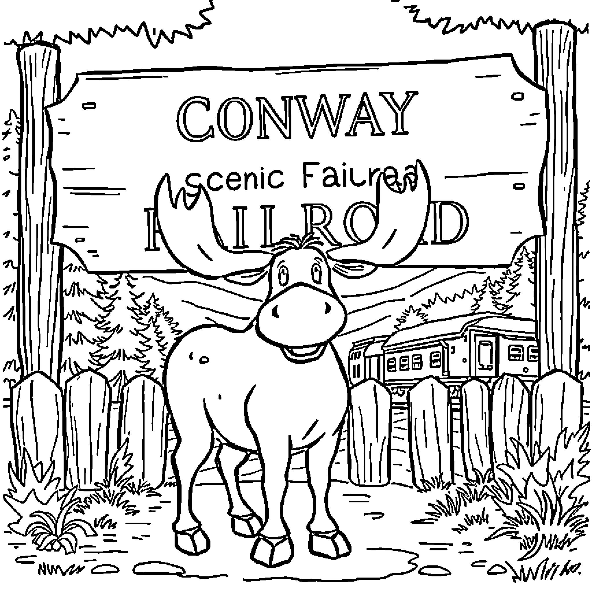 Moose posing on a scenic railroad Coloring Page (free black-and-white line drawing printable PDF for all, from beginners to advanced learners, including children, teens, adults, and seniors)