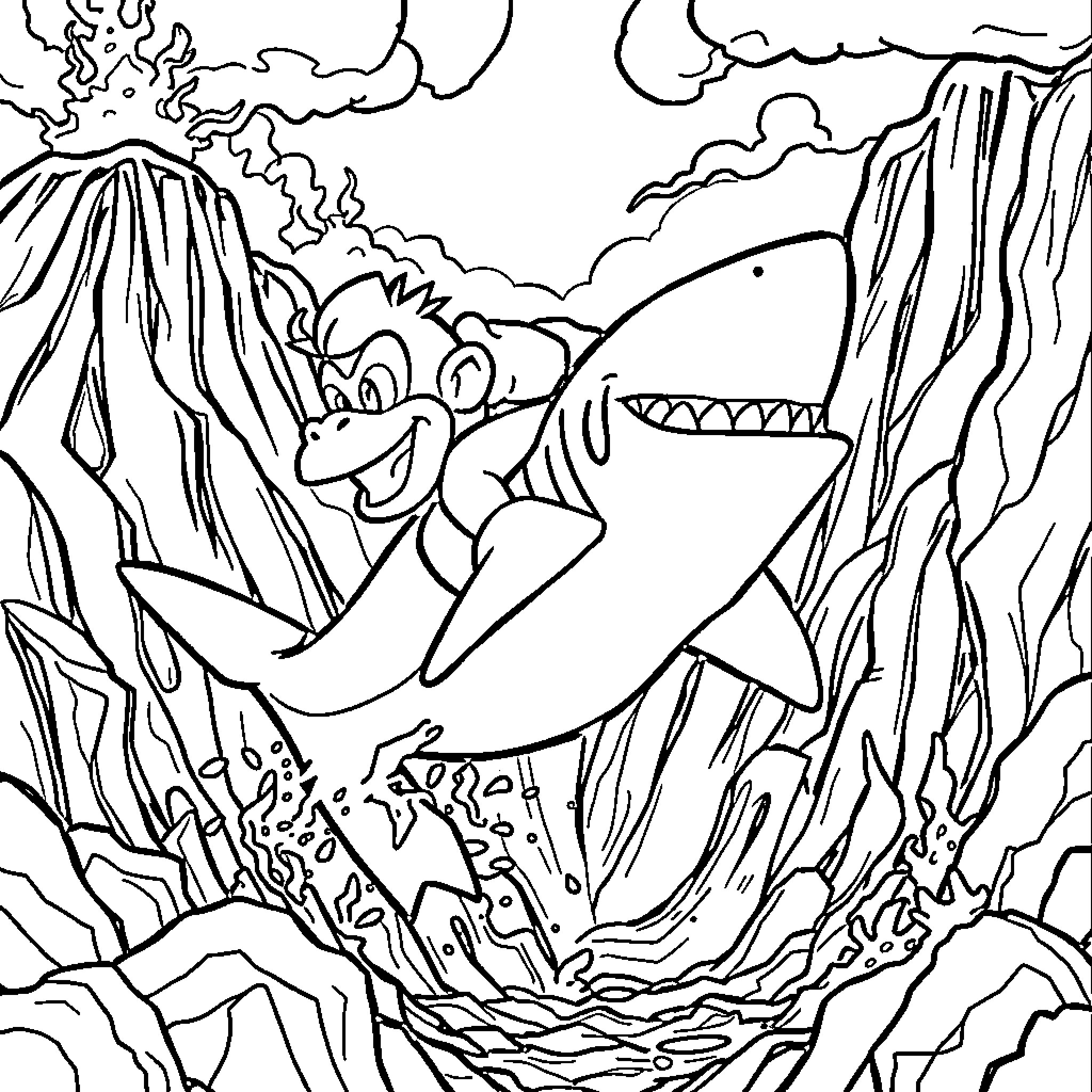 Diddy Kong Exploring a Volcanic Landscape with a Ferocious Shark Coloring Page (free black-and-white line drawing printable PDF for all, from beginners to advanced learners, including children, teens, adults, and seniors)