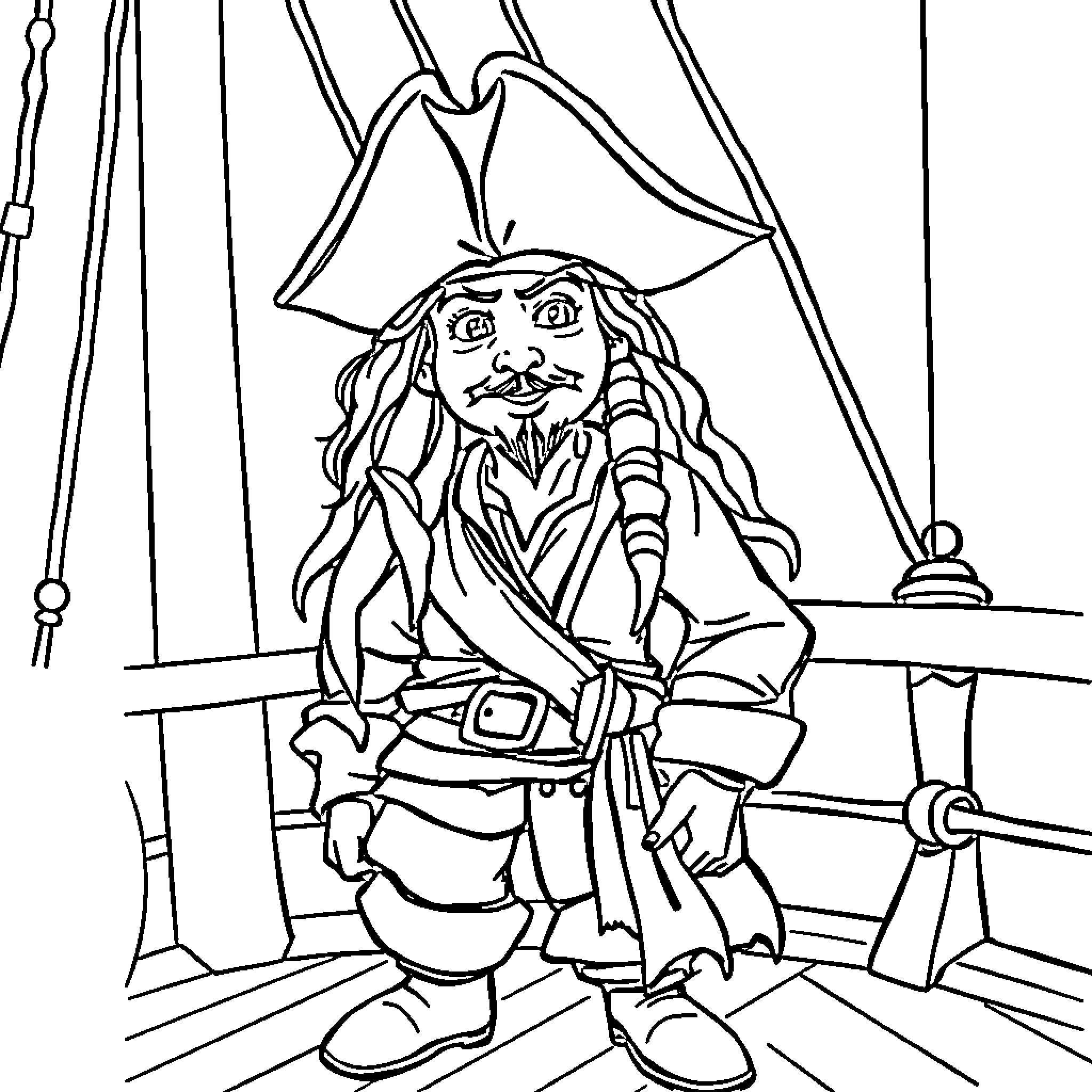 Jack Sparrow's Pirate Adventure on the High Seas Coloring Page (free black-and-white line drawing printable PDF for all, from beginners to advanced learners, including children, teens, adults, and seniors)