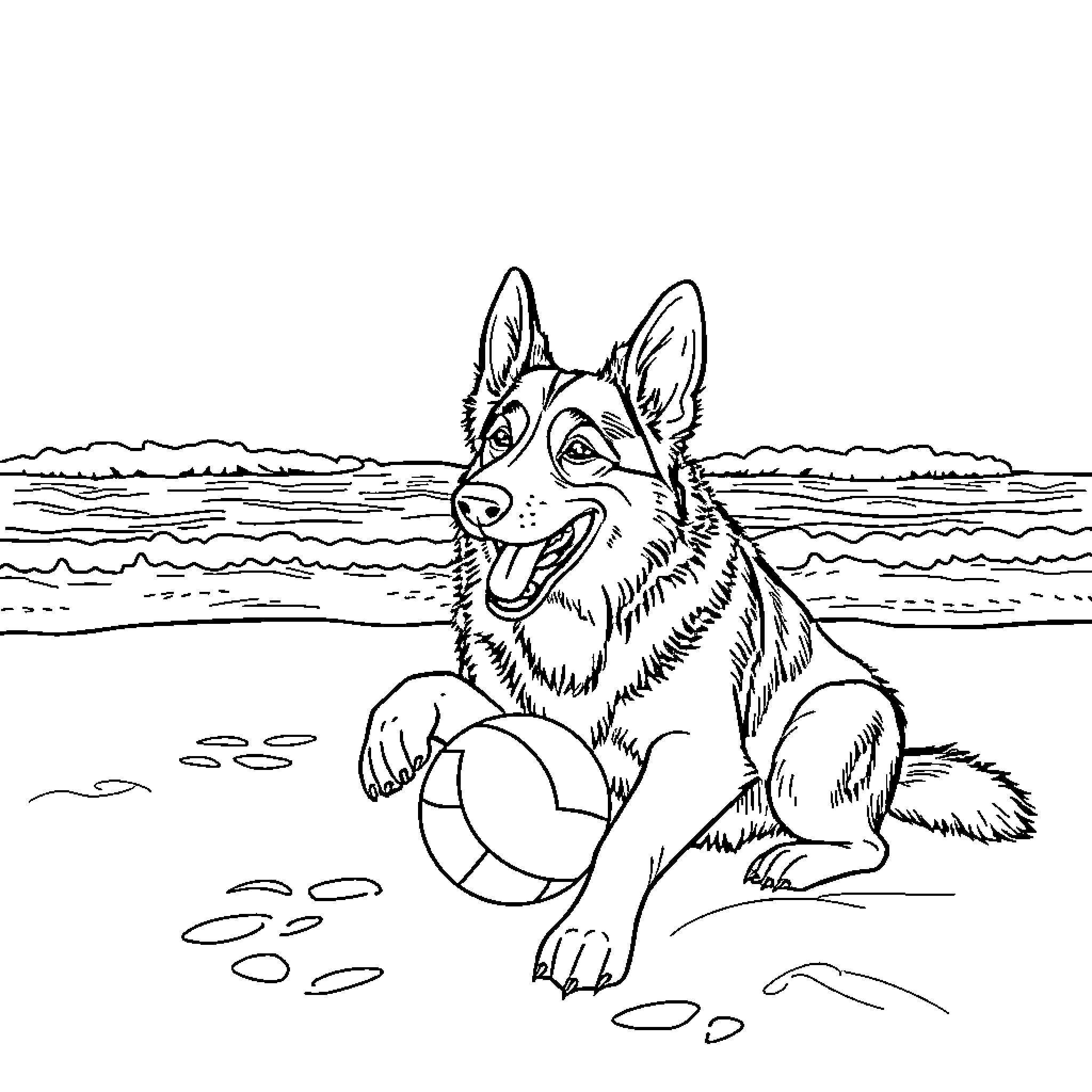 German Shepherd playing with ball on the beach Coloring Page (free black-and-white line drawing printable PDF for all, from beginners to advanced learners, including children, teens, adults, and seniors)