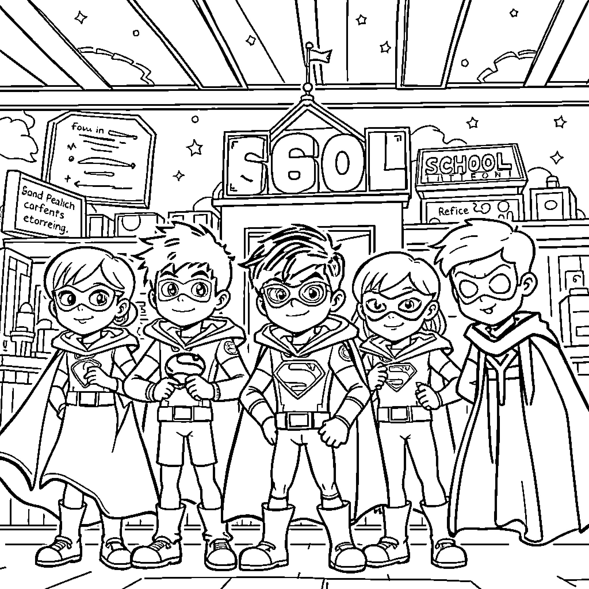 My Hero Academia - Group of Heroic Students in Classroom Coloring Page (free black-and-white line drawing printable PDF for all, from beginners to advanced learners, including children, teens, adults, and seniors)