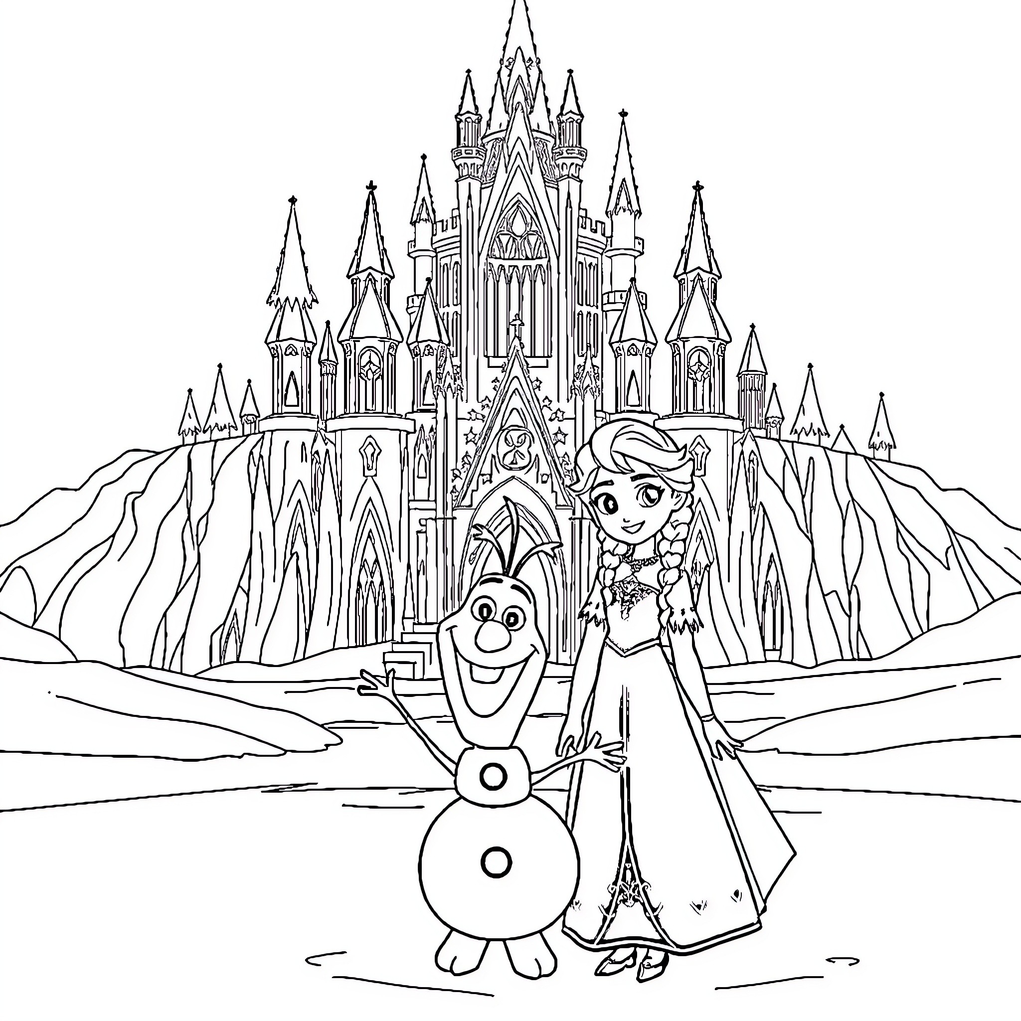 Princess and Snowman Exploring Majestic Castle Coloring Page (free black-and-white line drawing printable PDF for all, from beginners to advanced learners, including children, teens, adults, and seniors)
