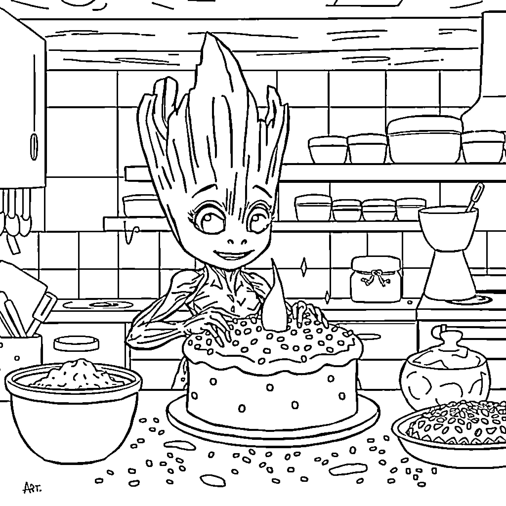 Groot baking a delightful cake in the kitchen Coloring Page (free black-and-white line drawing printable PDF for all, from beginners to advanced learners, including children, teens, adults, and seniors)