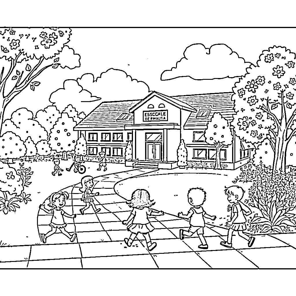 Escuela students playing and exploring outdoors Coloring Page (free black-and-white line drawing printable PDF for all, from beginners to advanced learners, including children, teens, adults, and seniors)