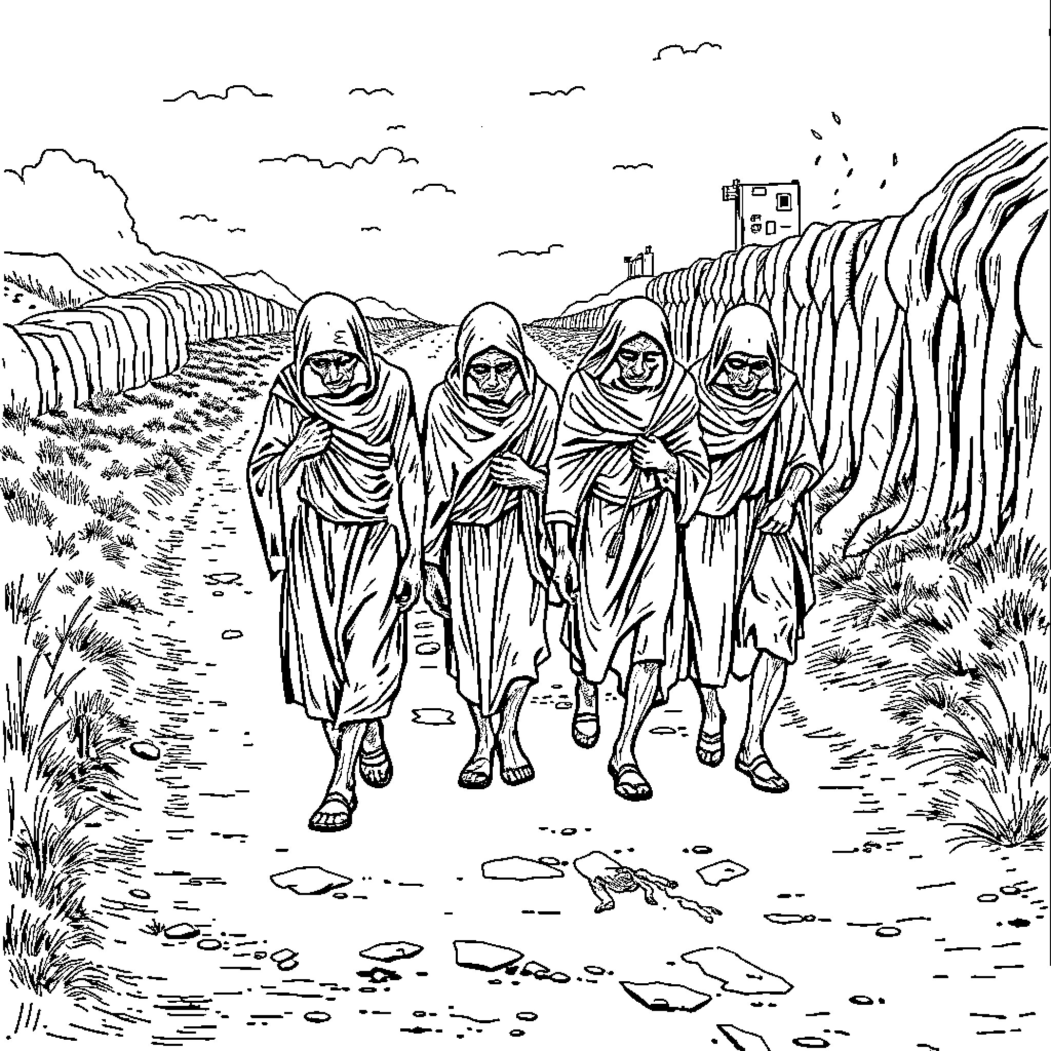 Lepers walking together in a barren landscape Coloring Page (free black-and-white line drawing printable PDF for all, from beginners to advanced learners, including children, teens, adults, and seniors)