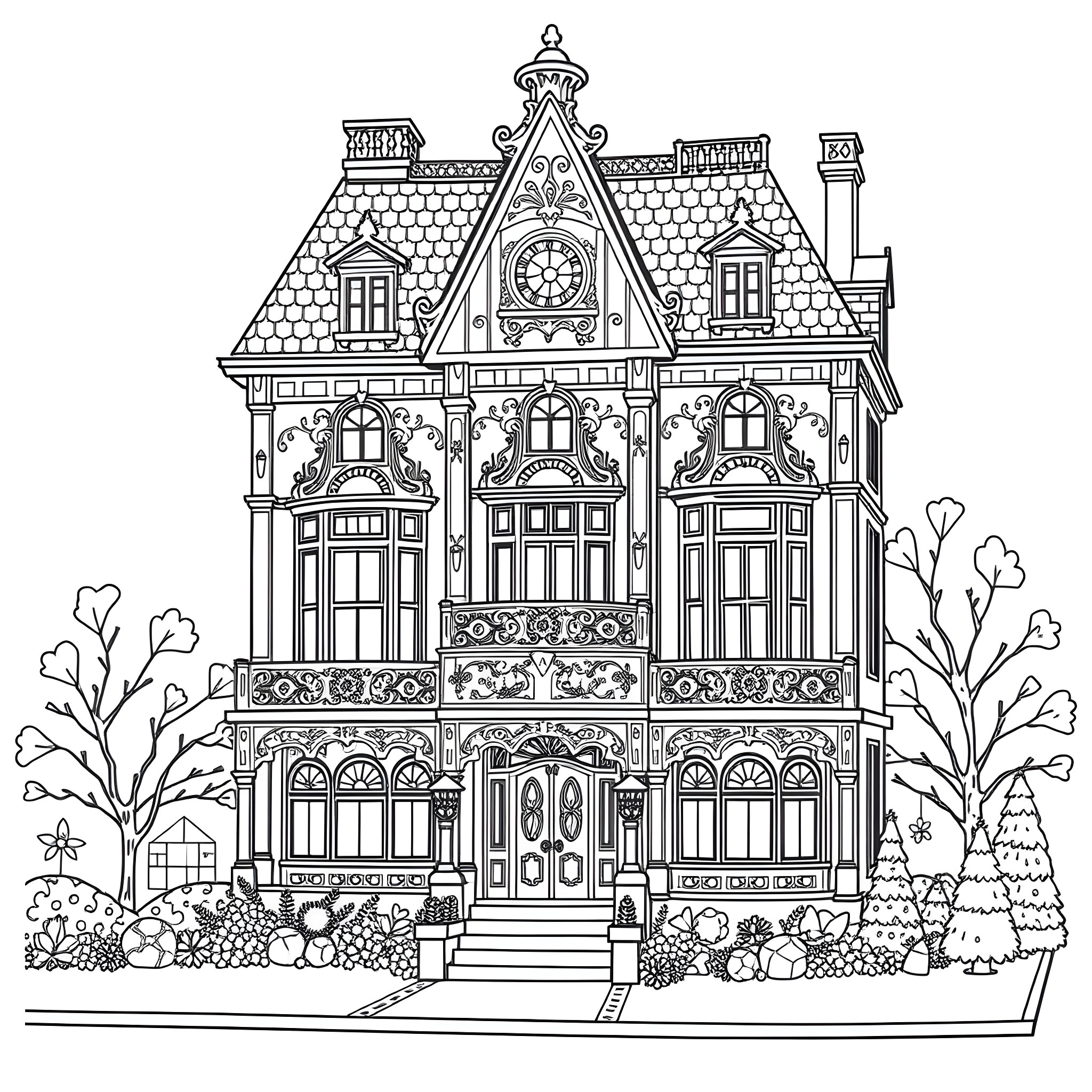 Dollhouse with intricate architectural details Coloring Page (free black-and-white line drawing printable PDF for all, from beginners to advanced learners, including children, teens, adults, and seniors)