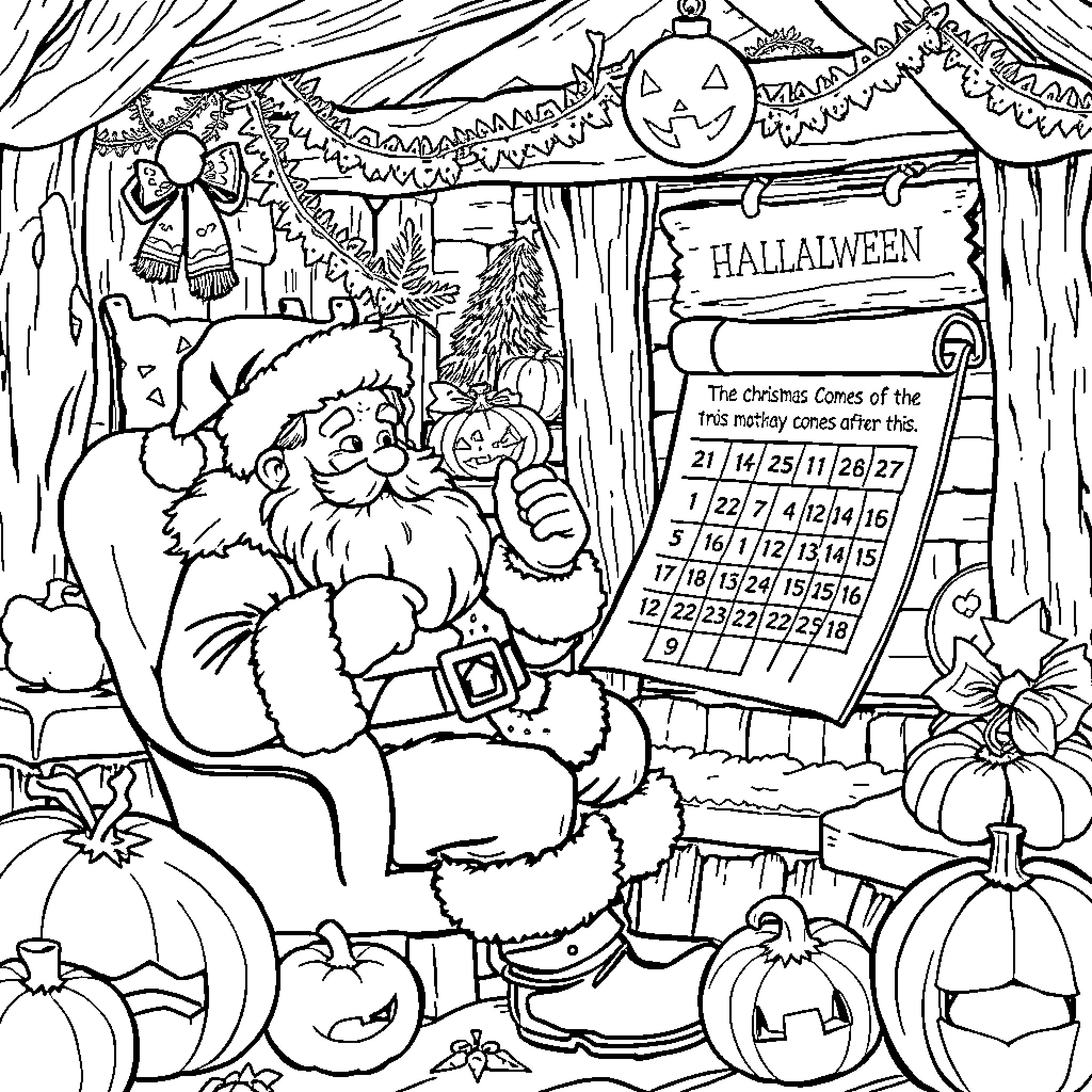 Santa's Festive Halloween Celebration Coloring Page (free black-and-white line drawing printable PDF for all, from beginners to advanced learners, including children, teens, adults, and seniors)