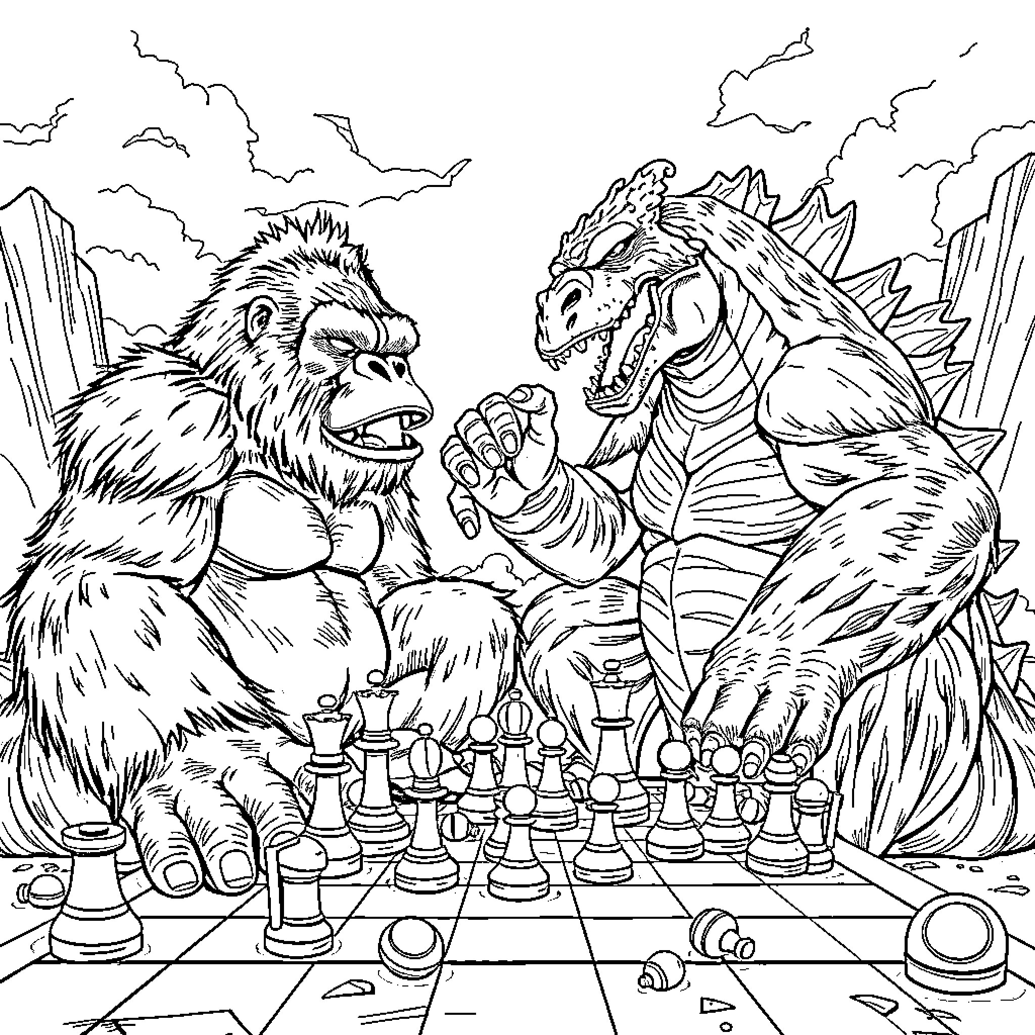 King Kong playing chess against a fierce dragon Coloring Page (free black-and-white line drawing printable PDF for all, from beginners to advanced learners, including children, teens, adults, and seniors)