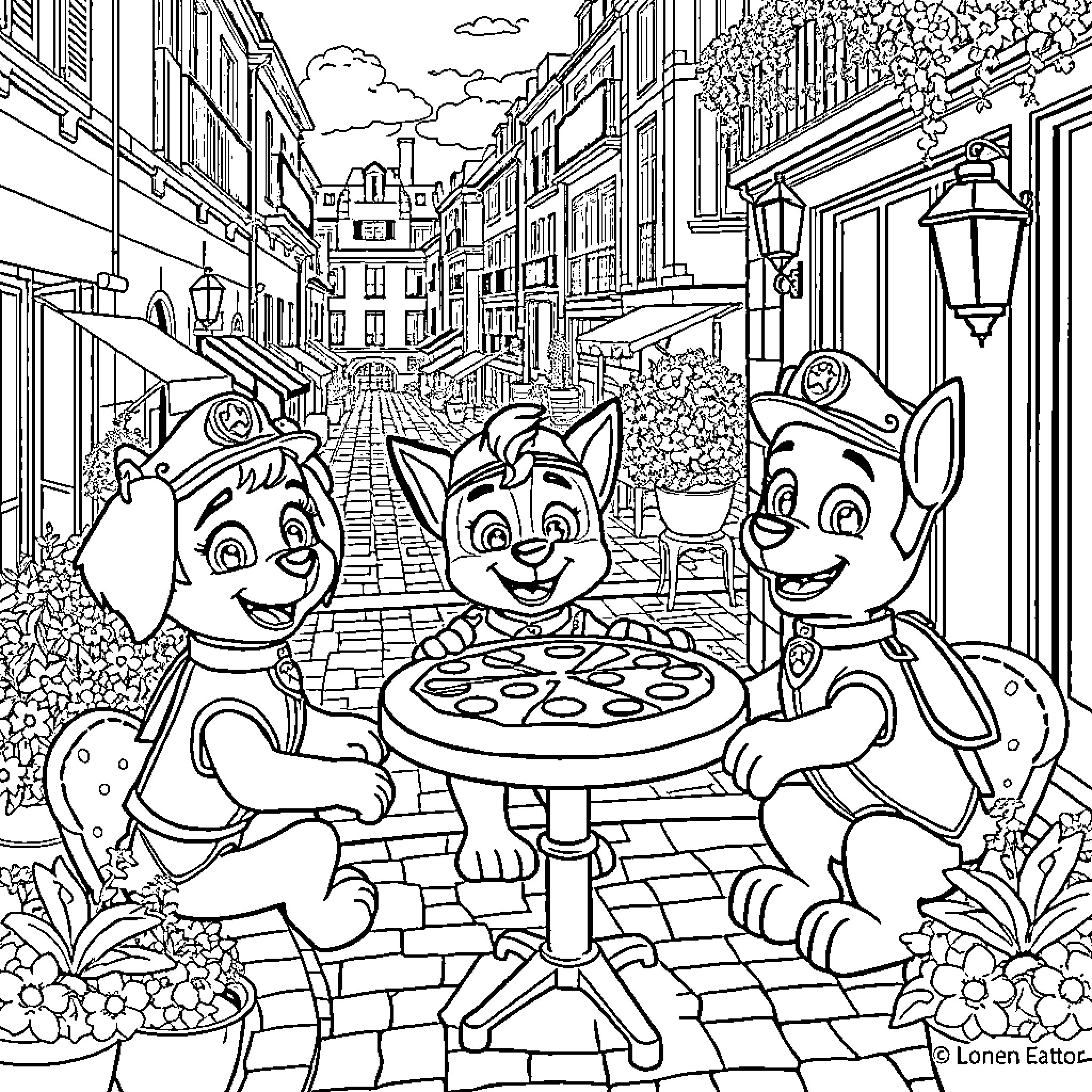 Paw Patrol Enjoying Pizza in Quaint Town Coloring Page (free black-and-white line drawing printable PDF for all, from beginners to advanced learners, including children, teens, adults, and seniors)