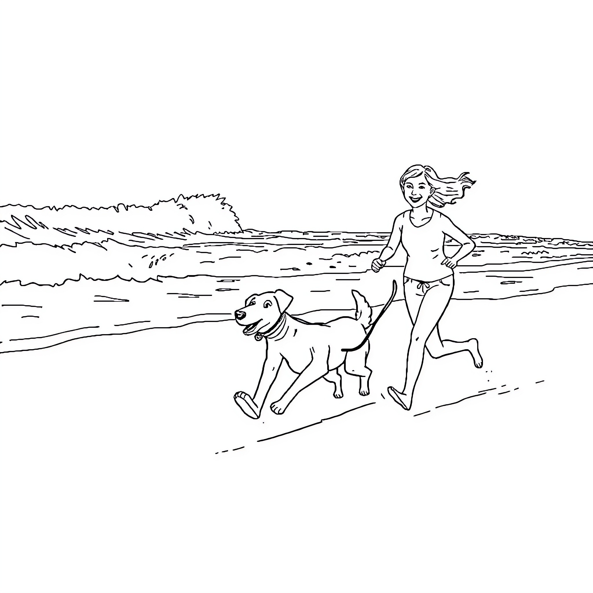 Dog and human playing together on the beach Coloring Page (free black-and-white line drawing printable PDF for all, from beginners to advanced learners, including children, teens, adults, and seniors)
