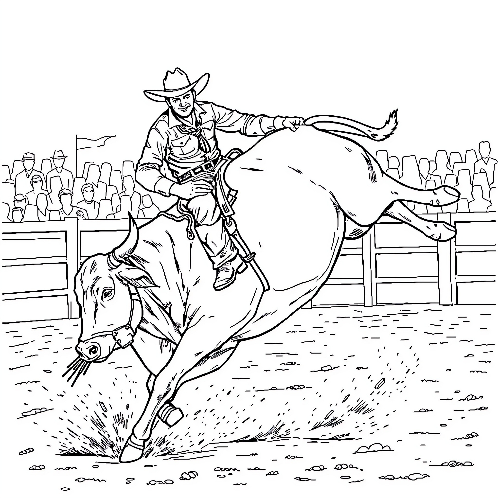 Bullrider riding a wild bull in a rodeo arena Coloring Page (free black-and-white line drawing printable PDF for all, from beginners to advanced learners, including children, teens, adults, and seniors)