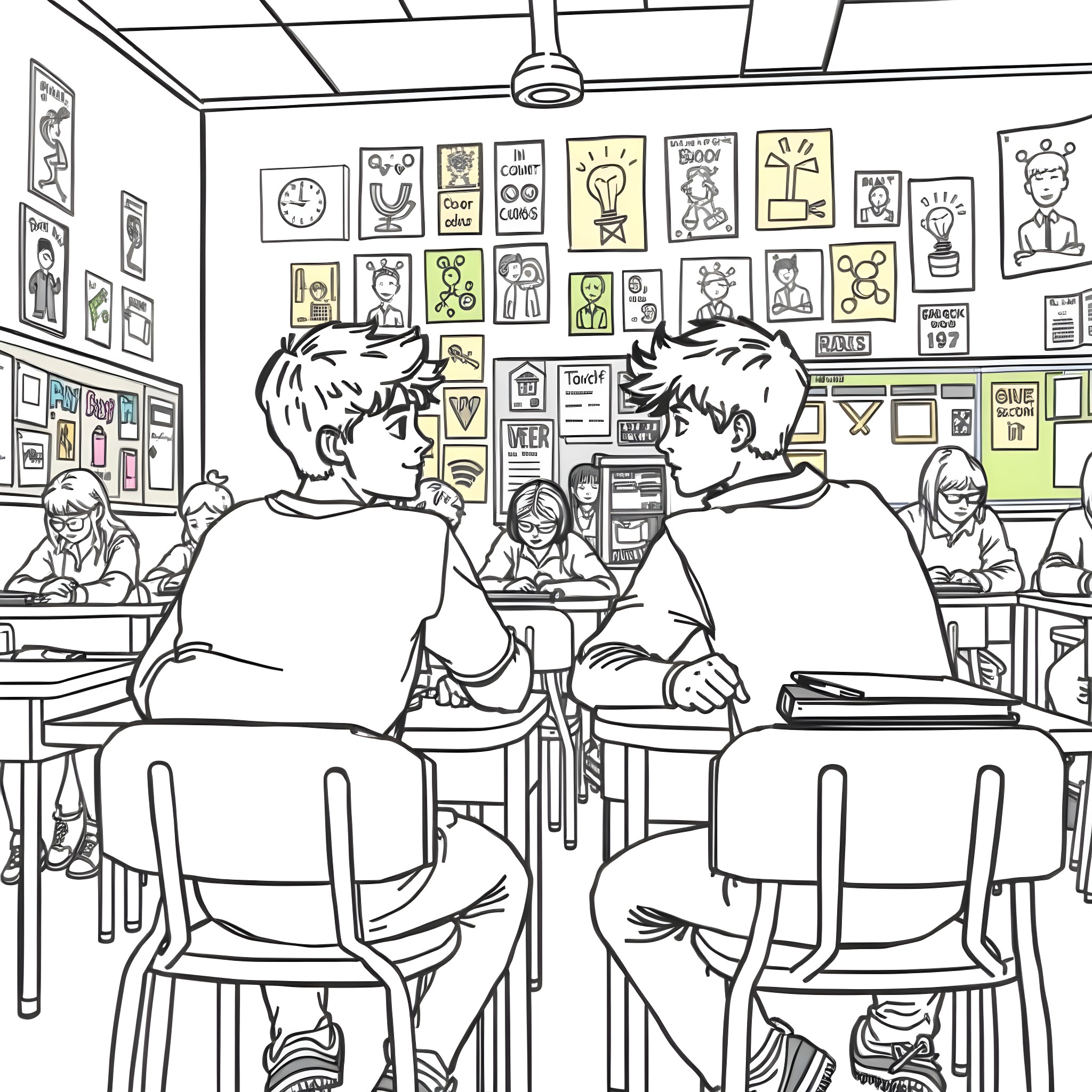 Teen Boys Studying Together in Classroom Coloring Page (free black-and-white line drawing printable PDF for all, from beginners to advanced learners, including children, teens, adults, and seniors)