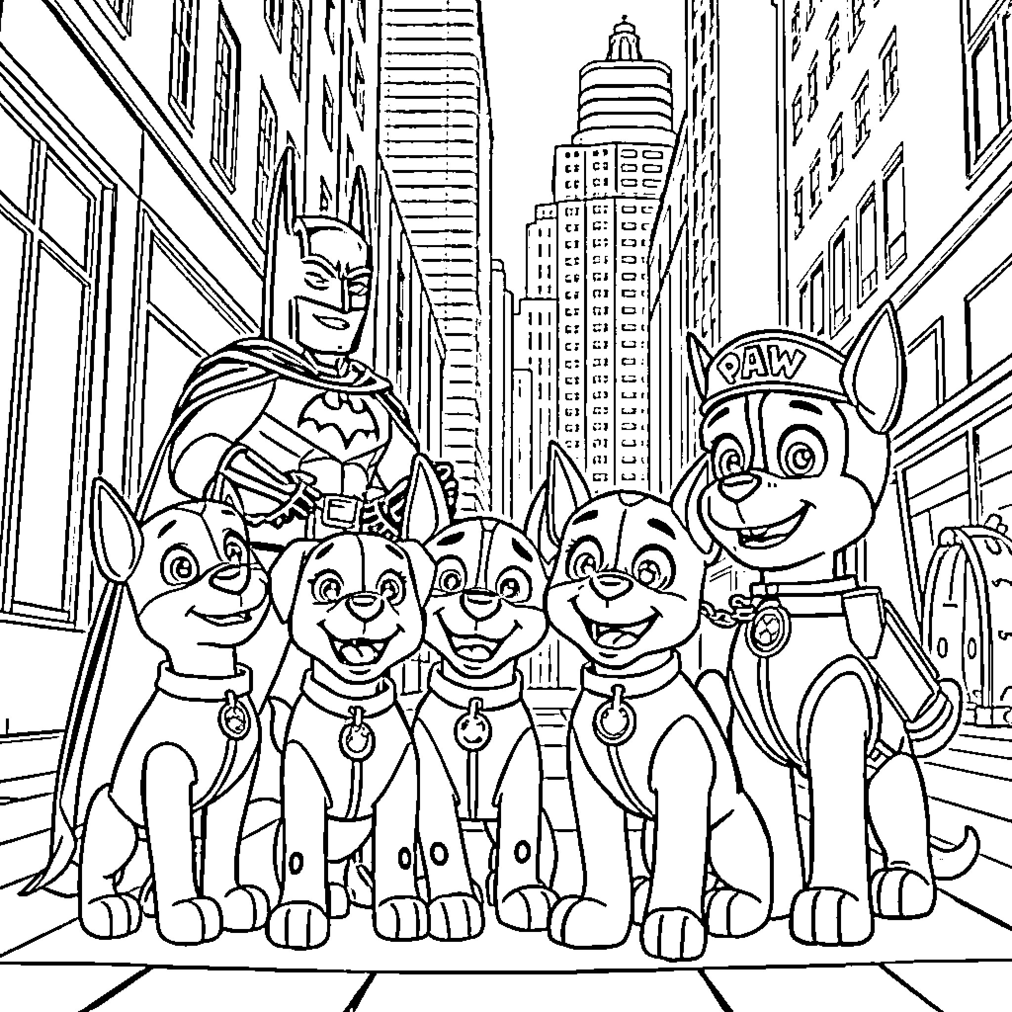 Dog characters exploring city skyline Coloring Page (free black-and-white line drawing printable PDF for all, from beginners to advanced learners, including children, teens, adults, and seniors)