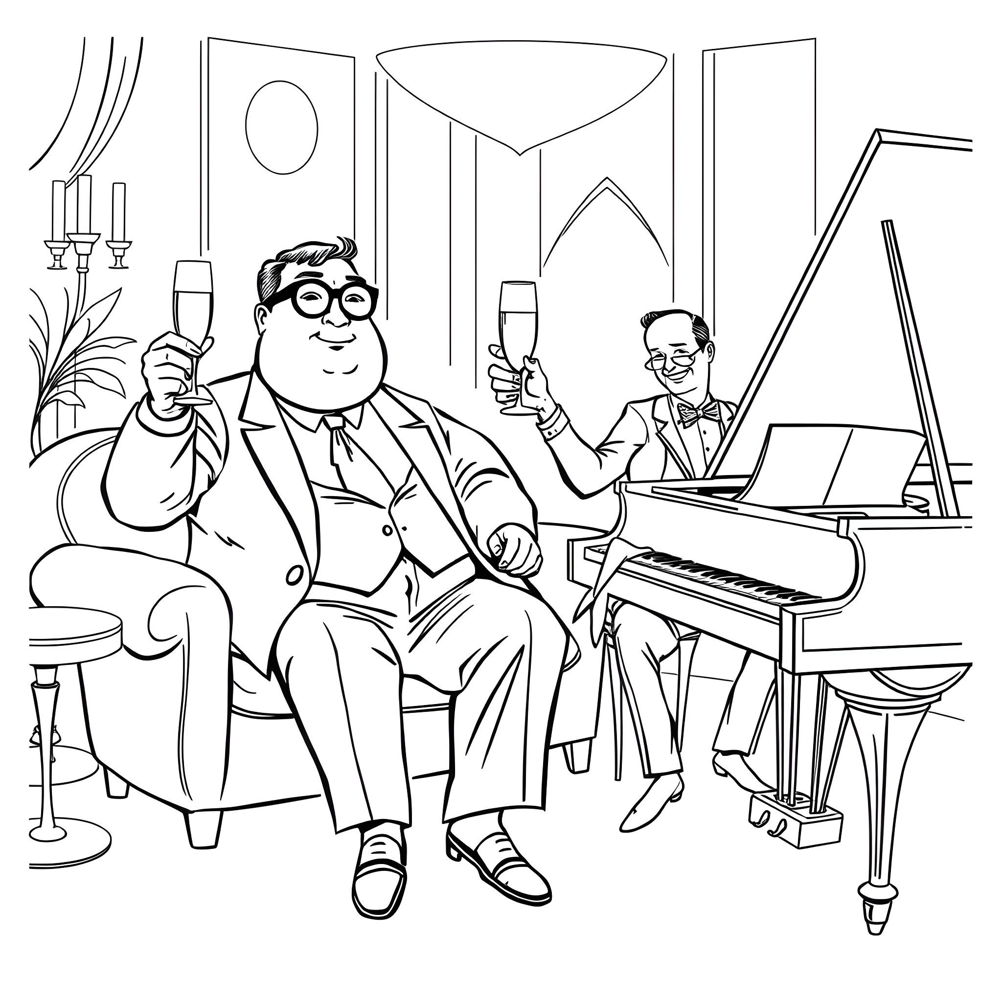 Man relaxing and drinking at a fancy party Coloring Page (free black-and-white line drawing printable PDF for all, from beginners to advanced learners, including children, teens, adults, and seniors)