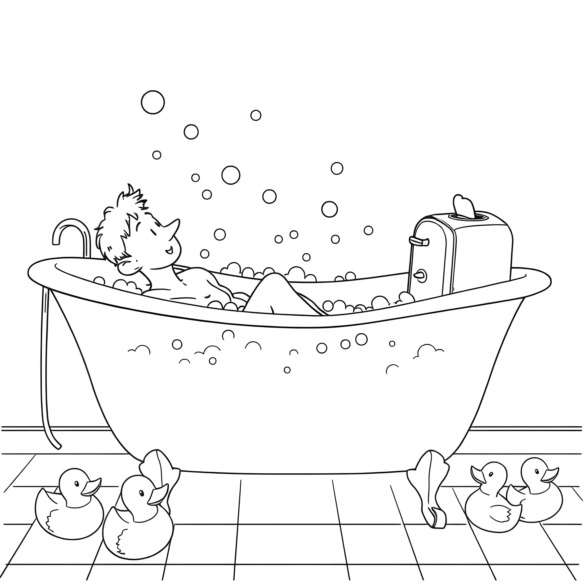 Person relaxing in bubble bath with rubber ducks Coloring Page (free black-and-white line drawing printable PDF for all, from beginners to advanced learners, including children, teens, adults, and seniors)