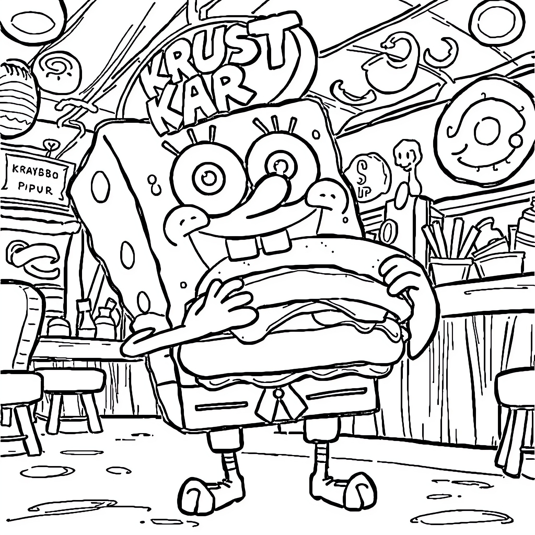 Spongebob's Krusty Krab Adventure Coloring Page (free black-and-white line drawing printable PDF for all, from beginners to advanced learners, including children, teens, adults, and seniors)