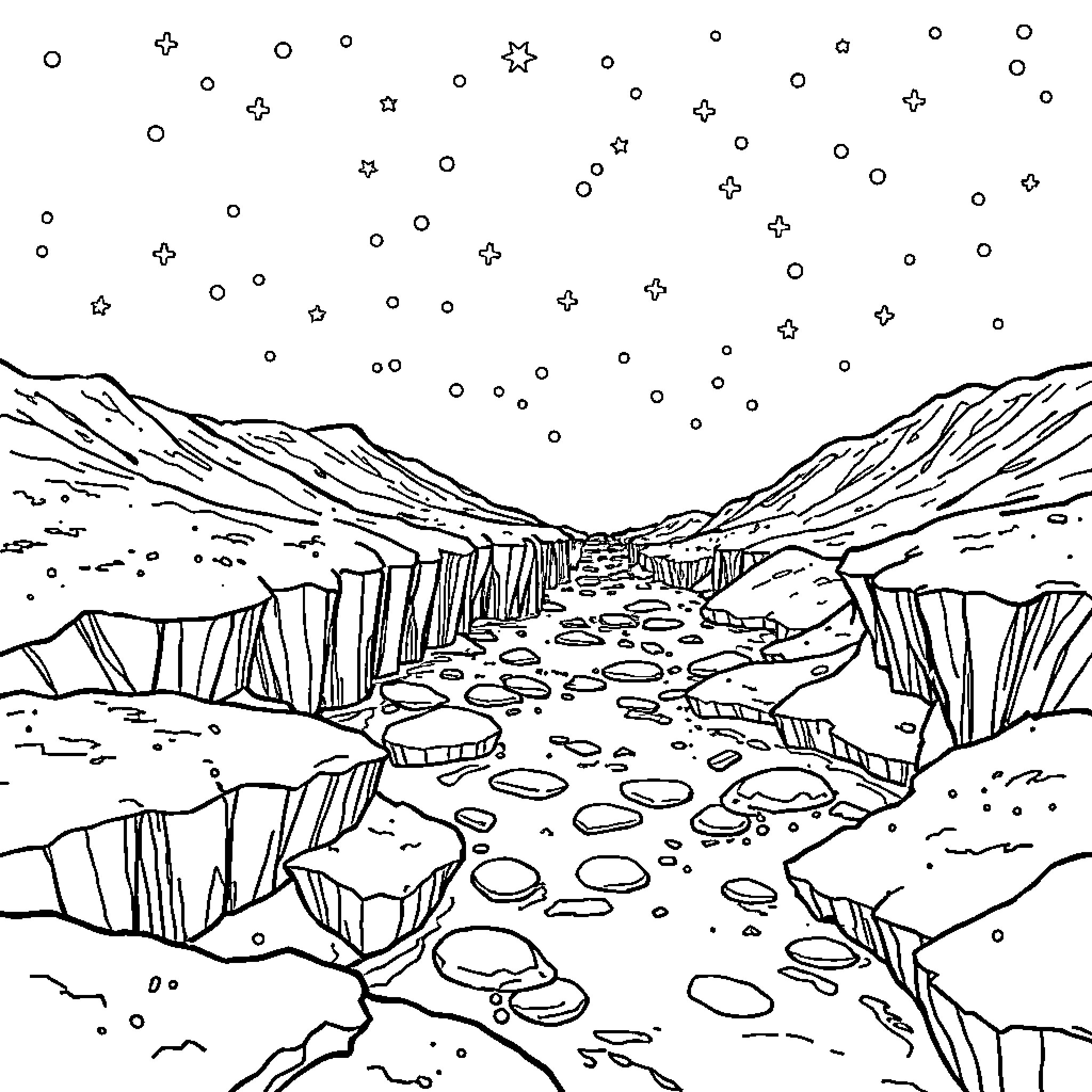Frozen scenic landscape with icy path Coloring Page (free black-and-white line drawing printable PDF for all, from beginners to advanced learners, including children, teens, adults, and seniors)