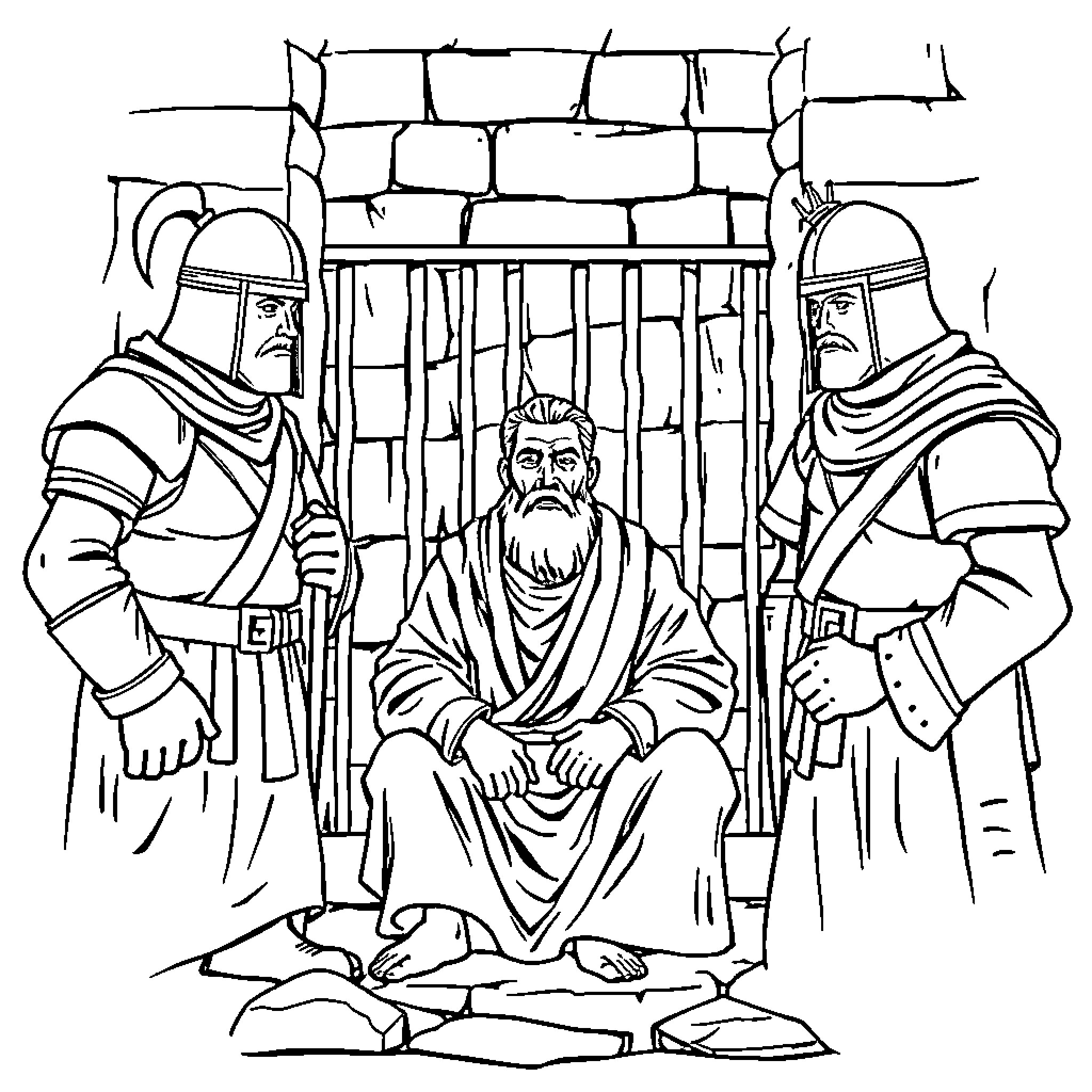 Apostle Peter imprisoned and guarded by Roman soldiers Coloring Page (free black-and-white line drawing printable PDF for all, from beginners to advanced learners, including children, teens, adults, and seniors)