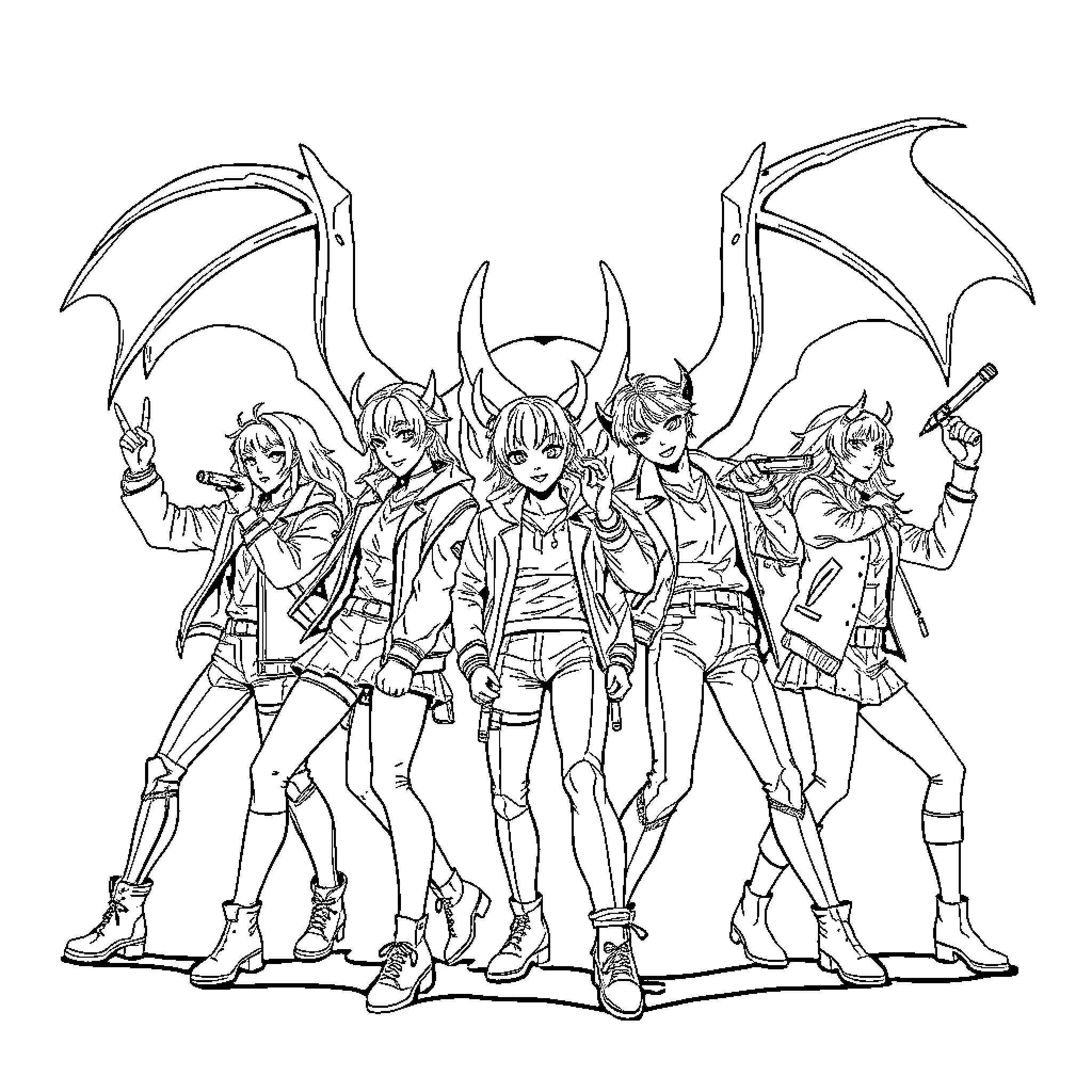Demon Hunter Squad in Action Poses Coloring Page (free black-and-white line drawing printable PDF for all, from beginners to advanced learners, including children, teens, adults, and seniors)
