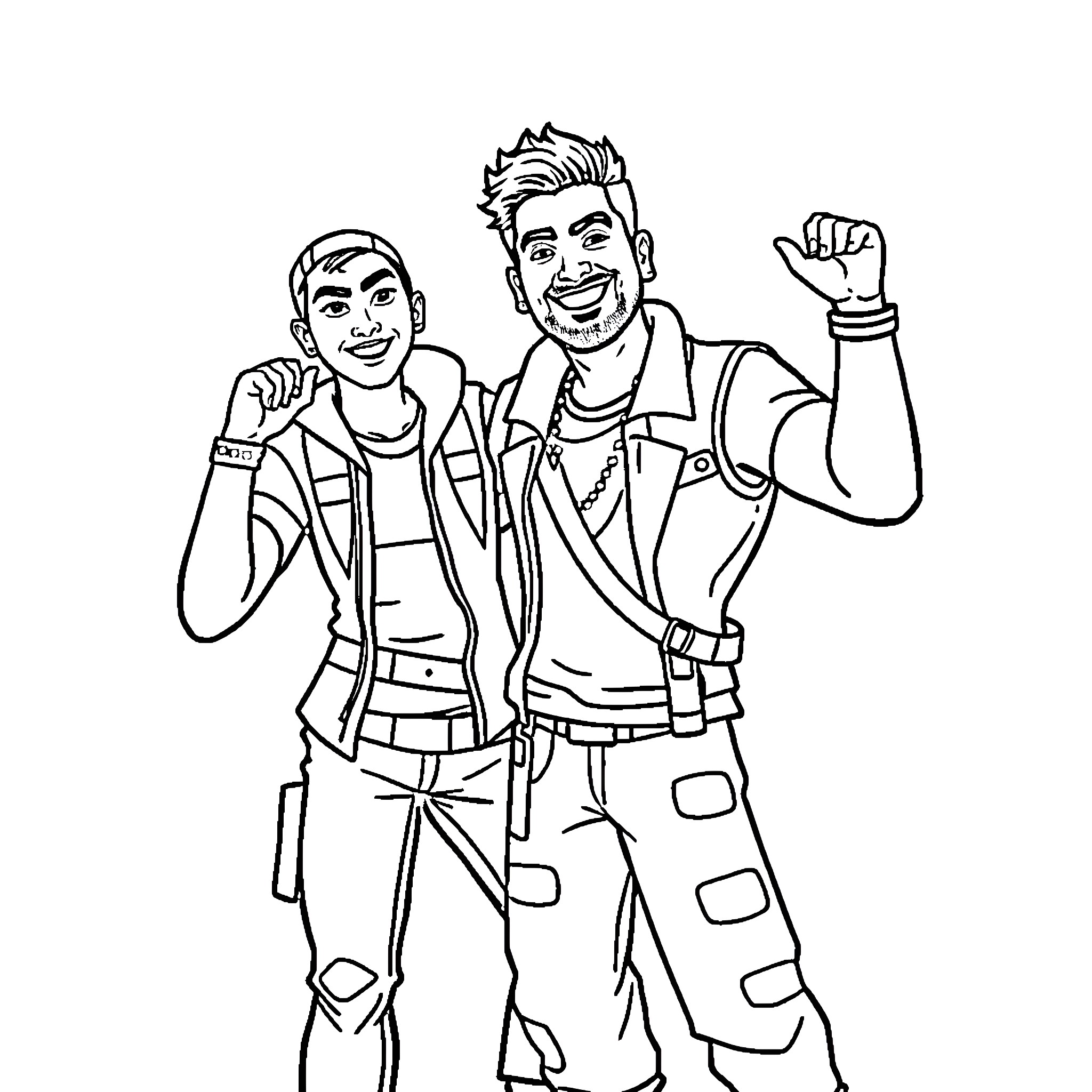 Wayne and Raj's Fun Adventure Coloring Page (free black-and-white line drawing printable PDF for all, from beginners to advanced learners, including children, teens, adults, and seniors)
