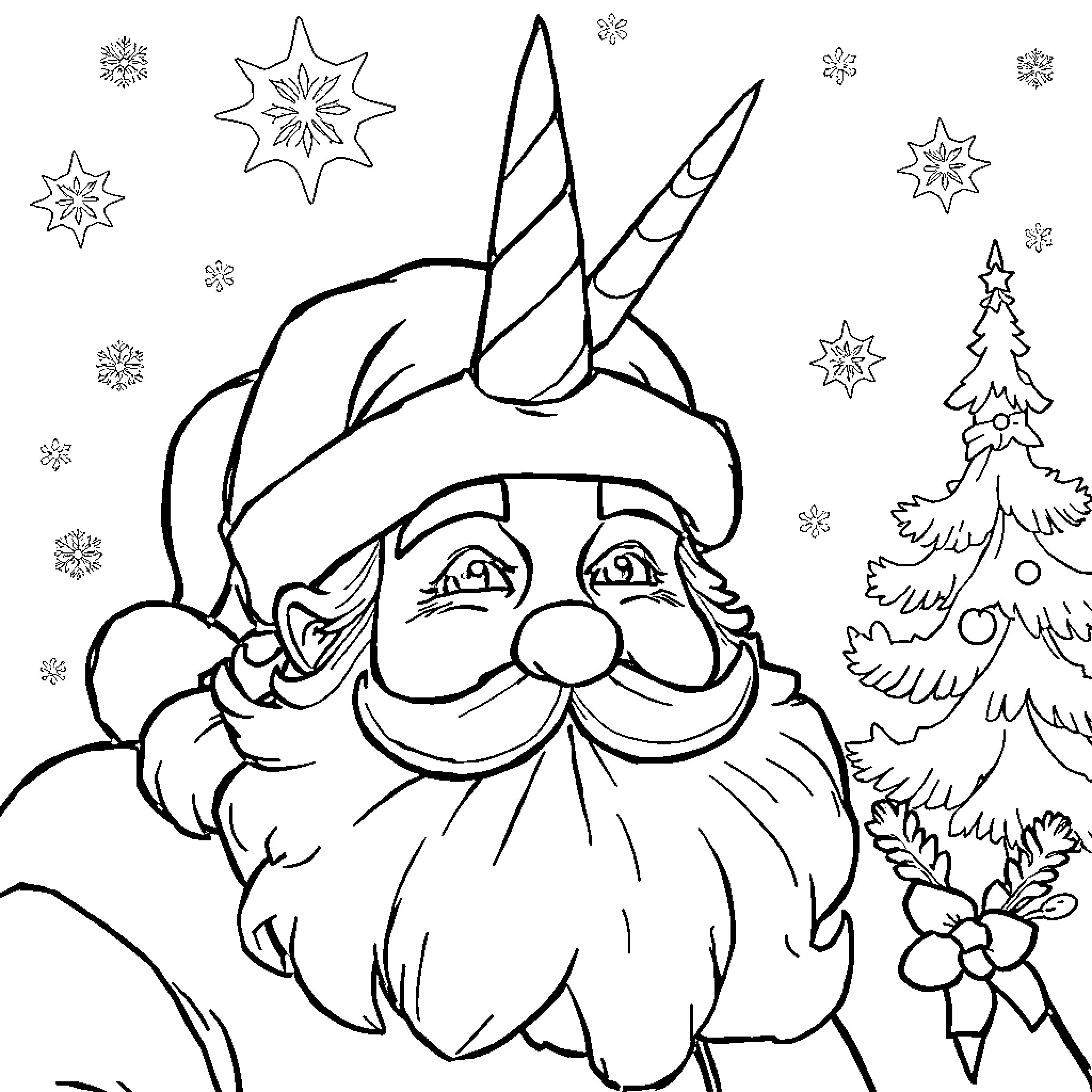 Unicorn Santa Claus spreading holiday cheer Coloring Page (free black-and-white line drawing printable PDF for all, from beginners to advanced learners, including children, teens, adults, and seniors)
