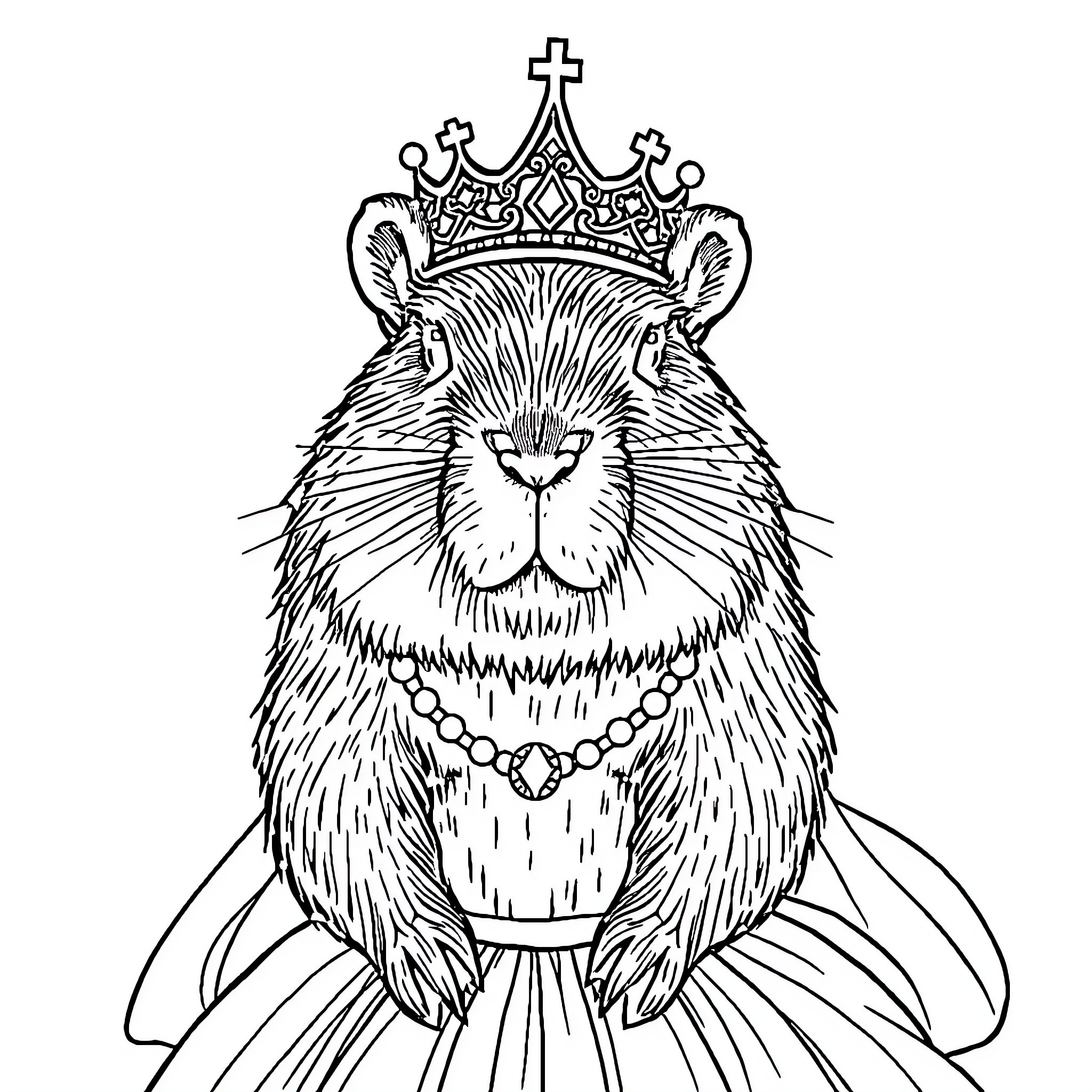 Capybara royalty in ornate crown and robe Coloring Page (free black-and-white line drawing printable PDF for all, from beginners to advanced learners, including children, teens, adults, and seniors)