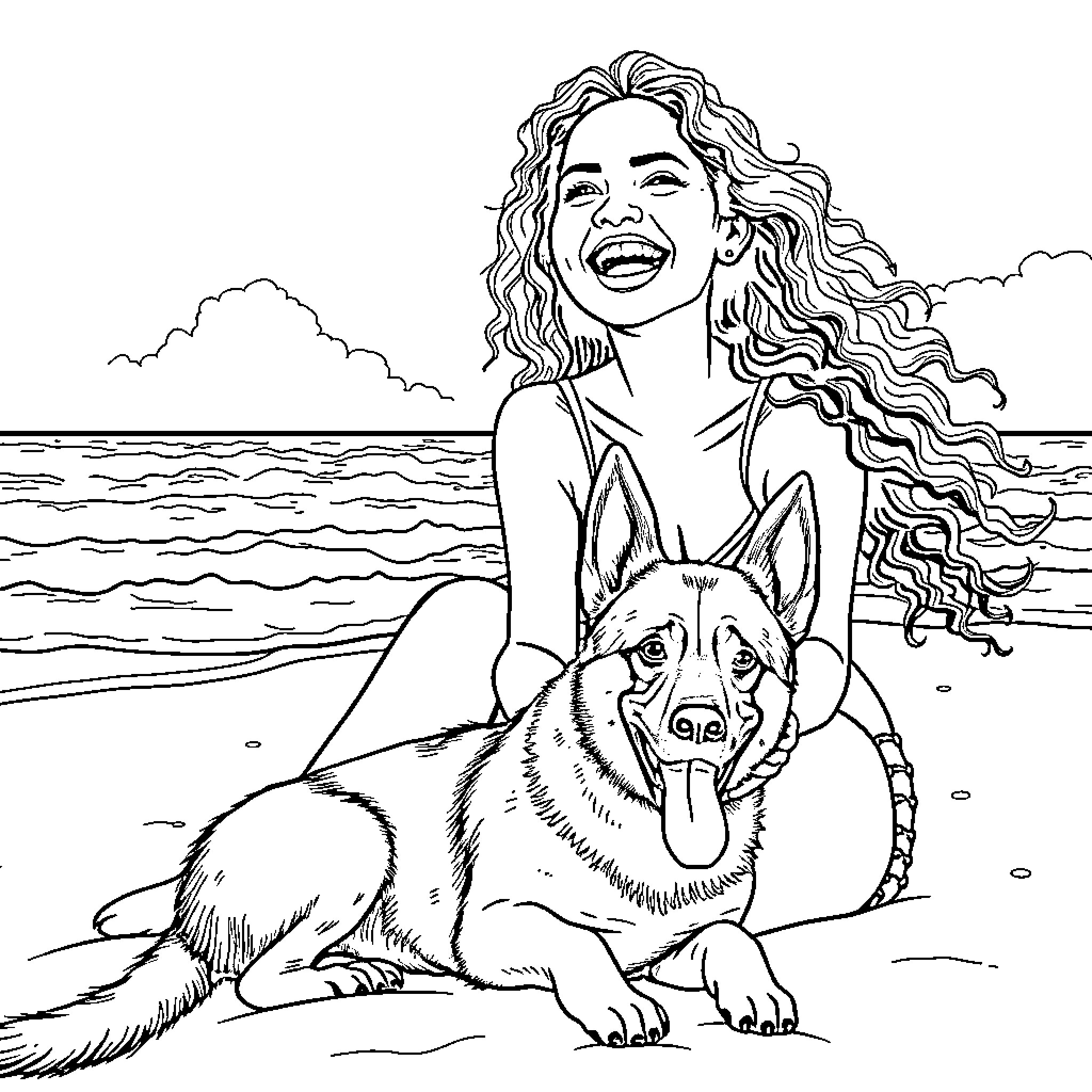 Woman enjoying the beach with her loyal dog Coloring Page (free black-and-white line drawing printable PDF for all, from beginners to advanced learners, including children, teens, adults, and seniors)