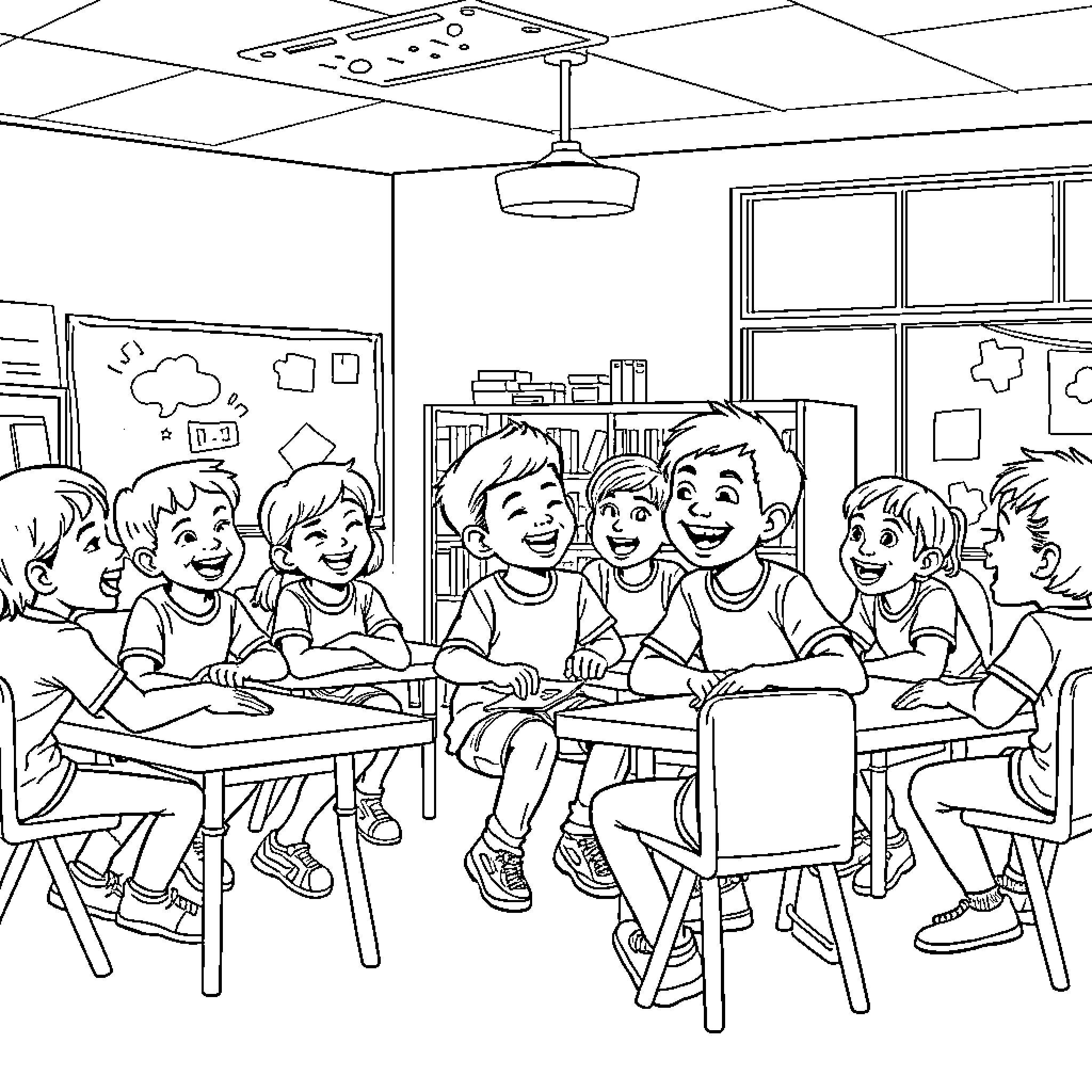 School Classroom with Students Engaged in Learning Coloring Page (free black-and-white line drawing printable PDF for all, from beginners to advanced learners, including children, teens, adults, and seniors)