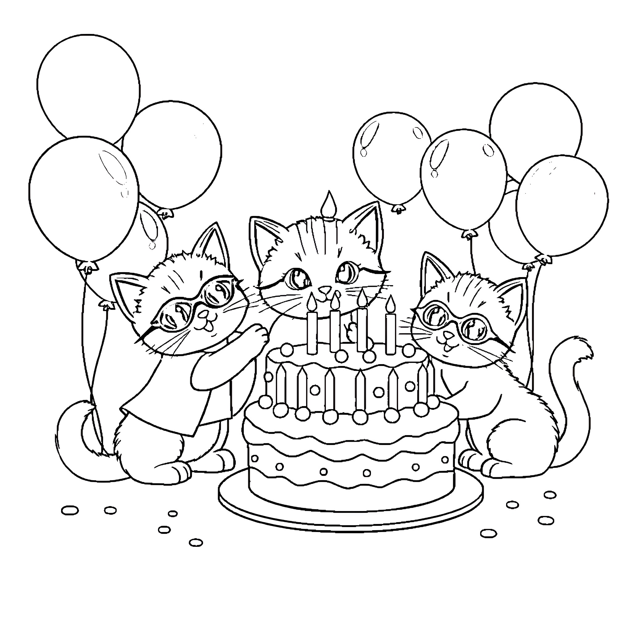 Superkitties celebrating with cake and balloons Coloring Page (free black-and-white line drawing printable PDF for all, from beginners to advanced learners, including children, teens, adults, and seniors)