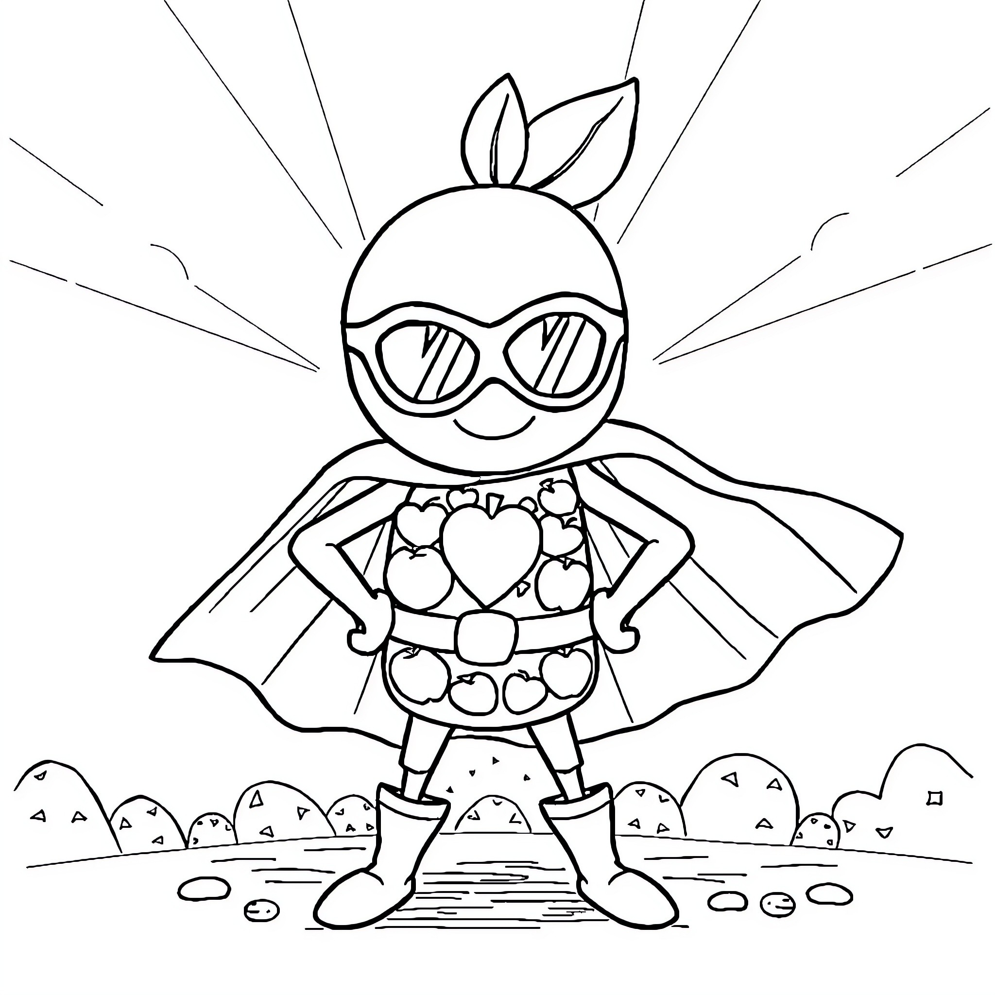 Fruit Superhero Saving the Day Coloring Page (free black-and-white line drawing printable PDF for all, from beginners to advanced learners, including children, teens, adults, and seniors)