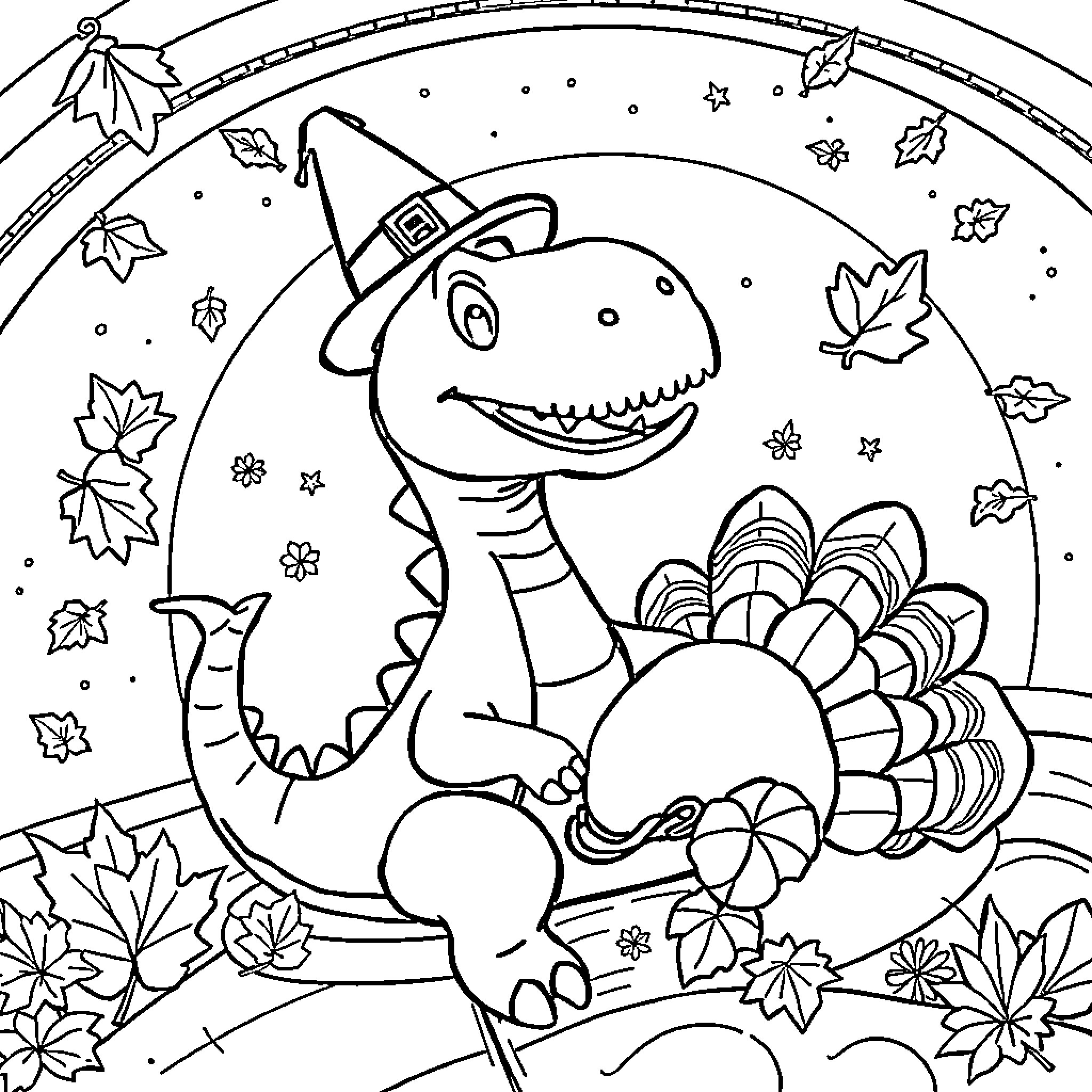 Dinosaur in Autumn Wonderland with Leaves and Stars Coloring Page (free black-and-white line drawing printable PDF for all, from beginners to advanced learners, including children, teens, adults, and seniors)