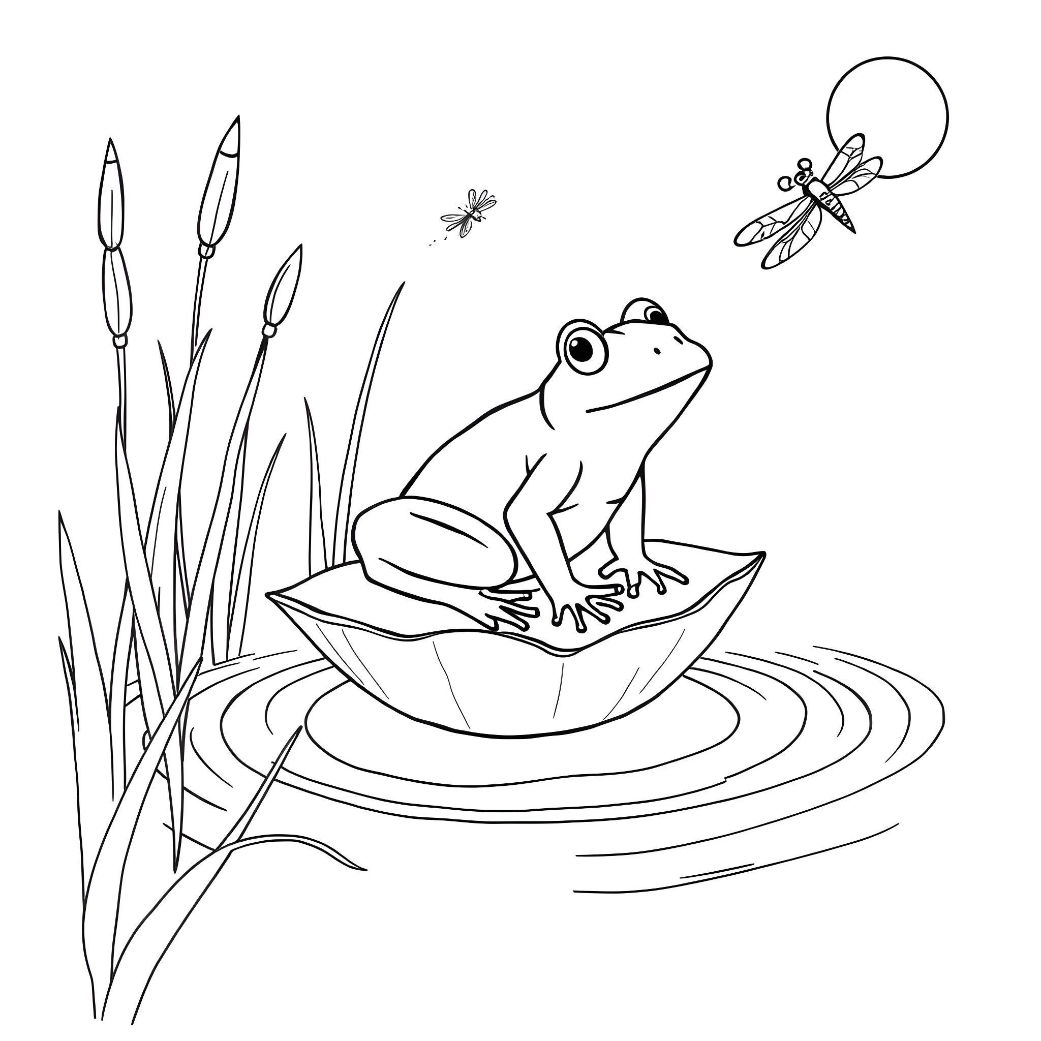 Frog observing dragonfly in pond Coloring Page (free black-and-white line drawing printable PDF for all, from beginners to advanced learners, including children, teens, adults, and seniors)