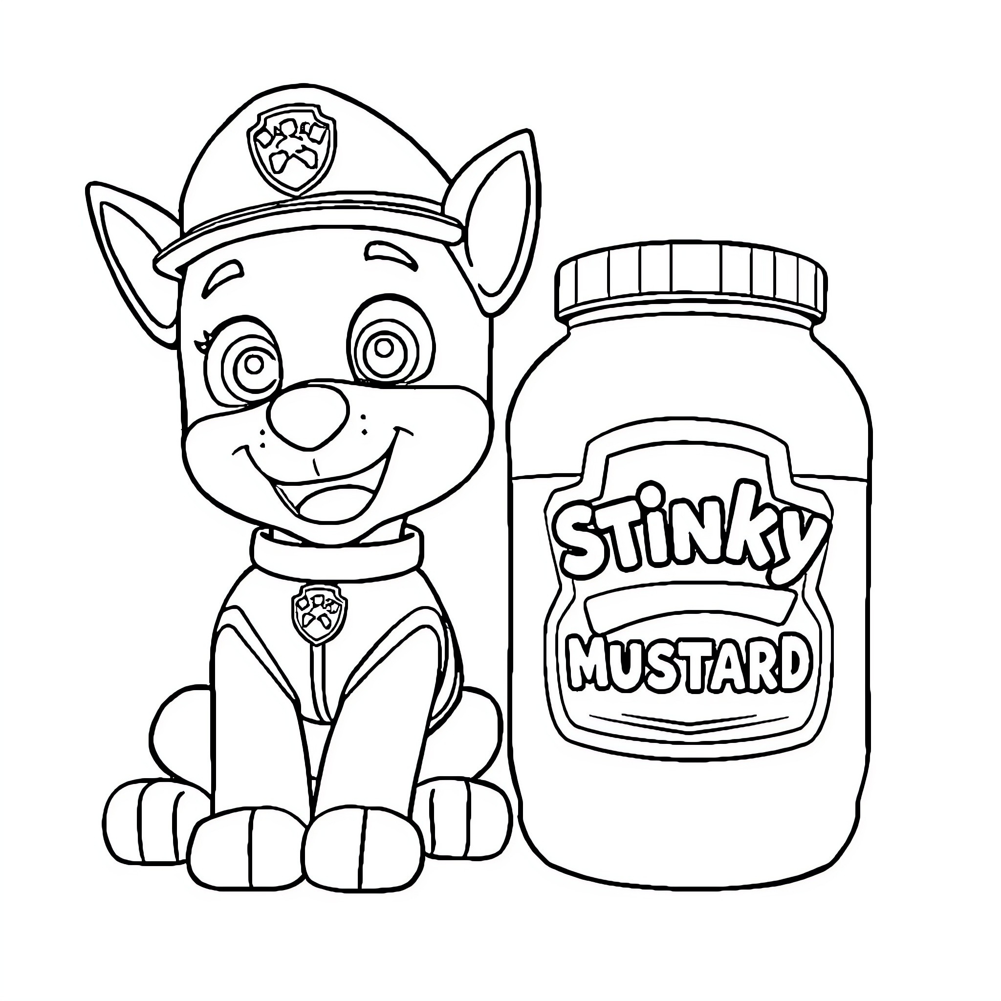 Marshal Pup Holding Stinky Mustard Jar Coloring Page (free black-and-white line drawing printable PDF for all, from beginners to advanced learners, including children, teens, adults, and seniors)