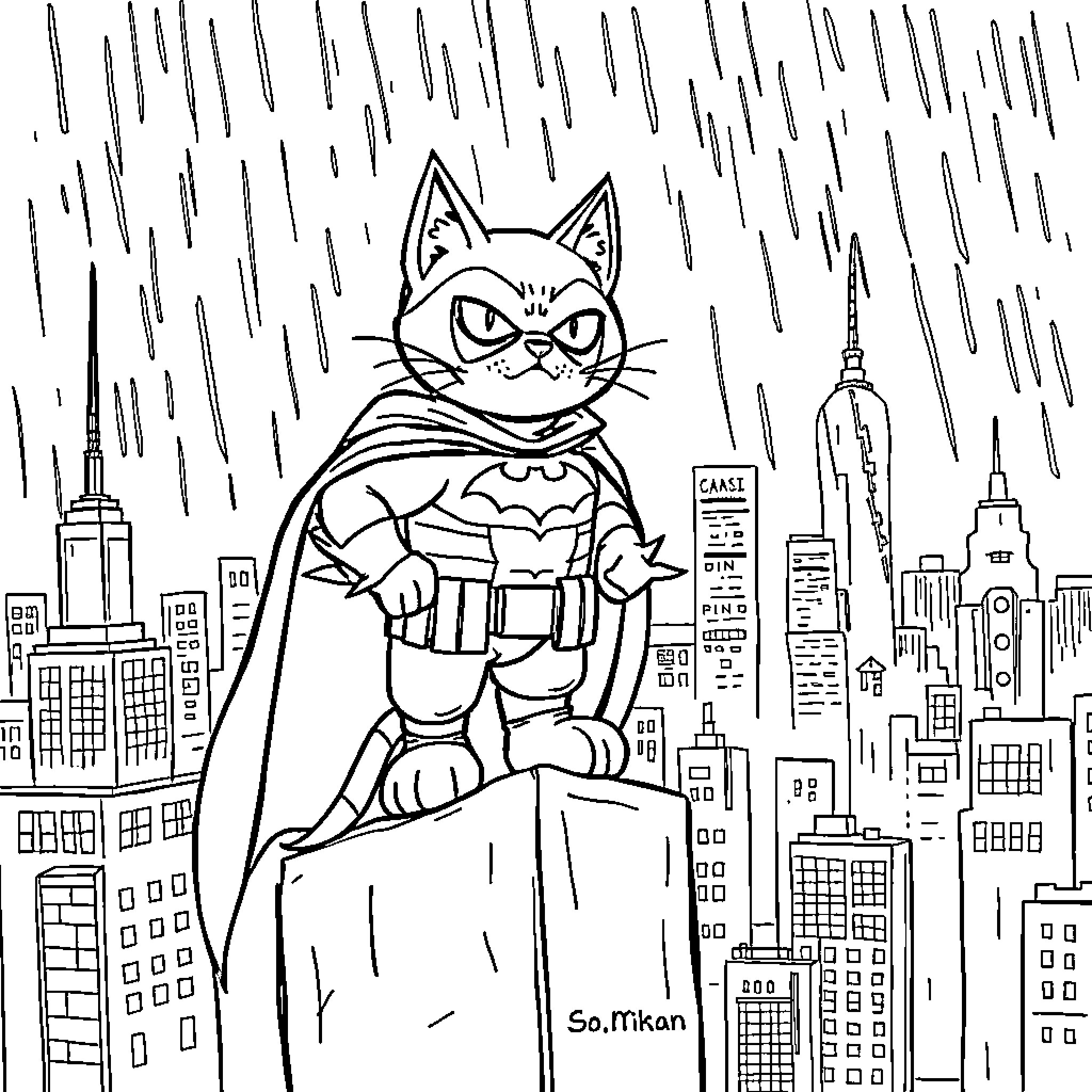 Cat superhero protecting the city Coloring Page (free black-and-white line drawing printable PDF for all, from beginners to advanced learners, including children, teens, adults, and seniors)