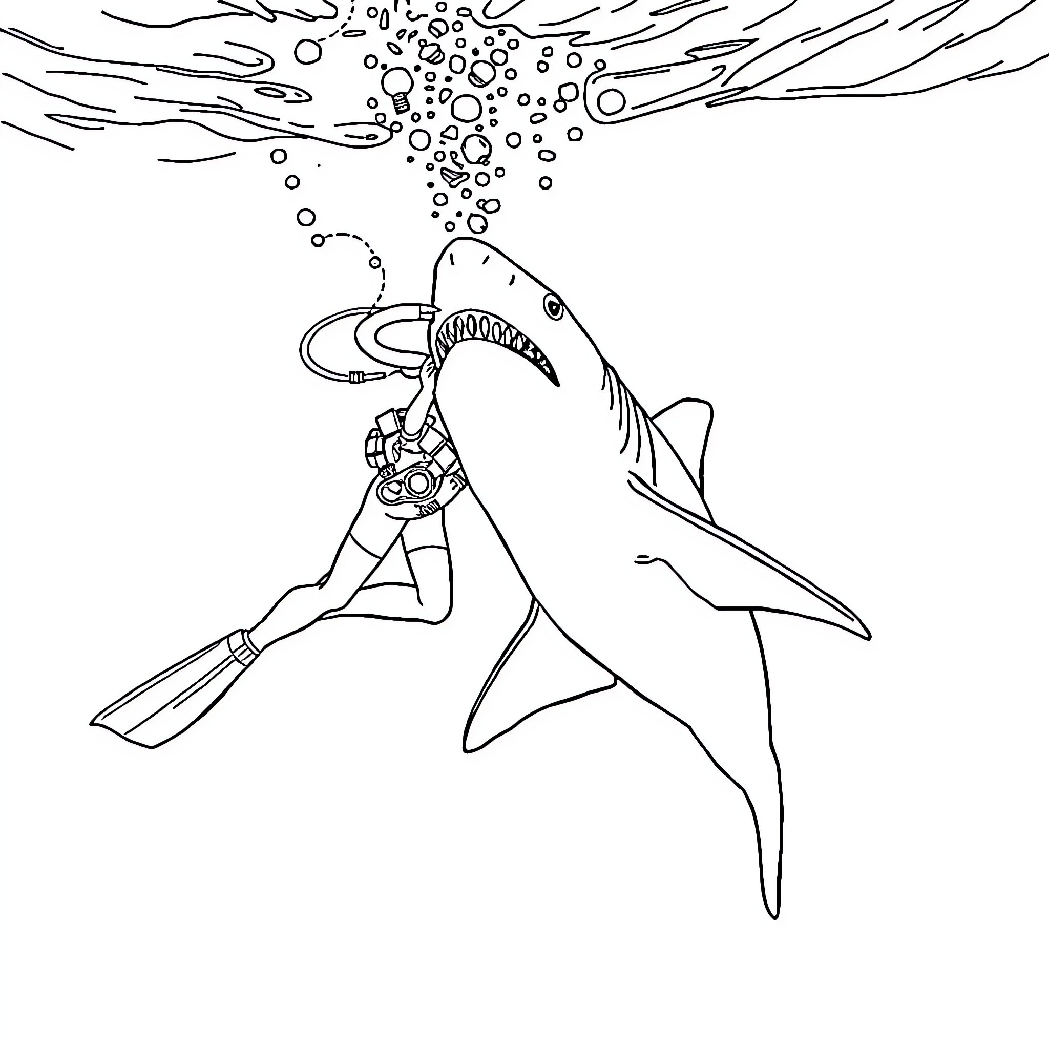 Scuba Diver Exploring Underwater World with Shark Coloring Page (free black-and-white line drawing printable PDF for all, from beginners to advanced learners, including children, teens, adults, and seniors)