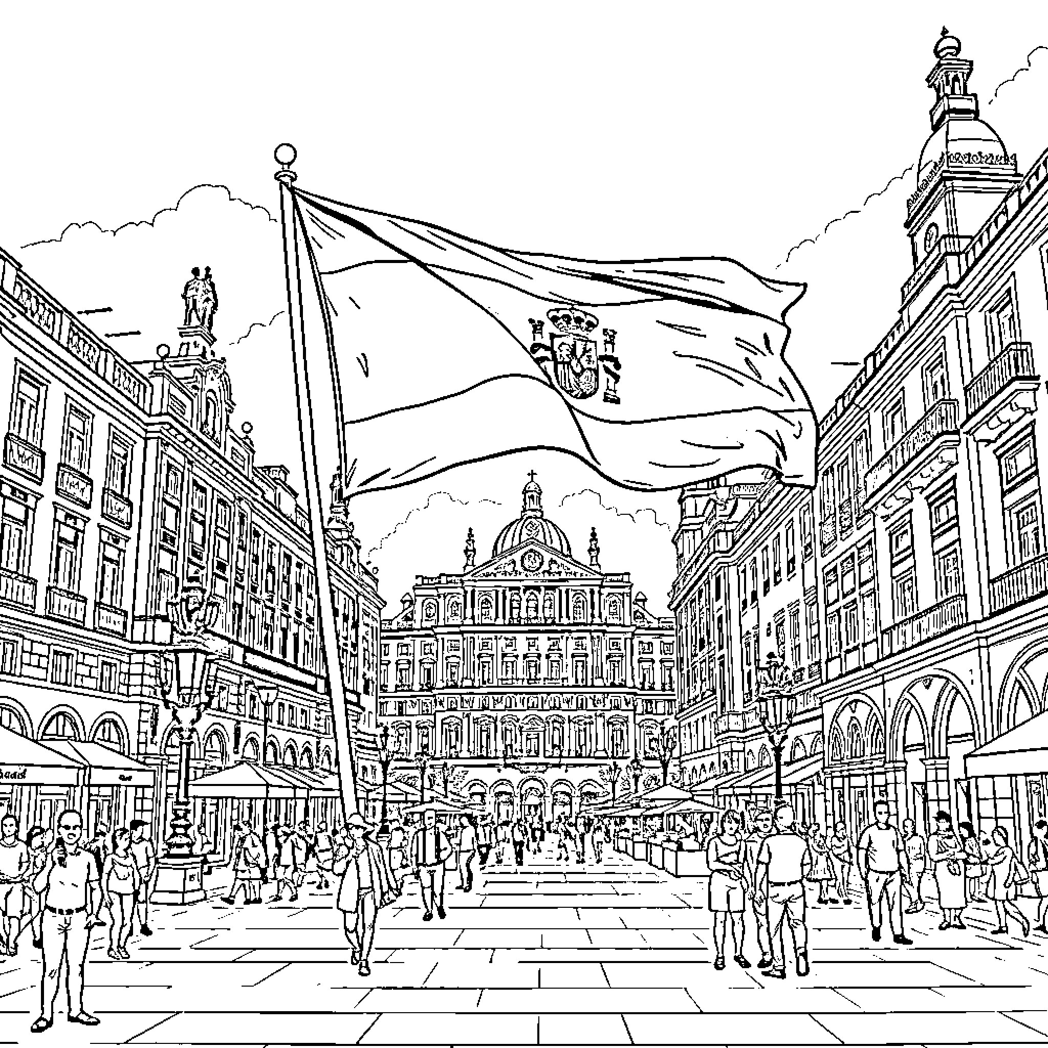 Flag waving over a lively city square Coloring Page (free black-and-white line drawing printable PDF for all, from beginners to advanced learners, including children, teens, adults, and seniors)