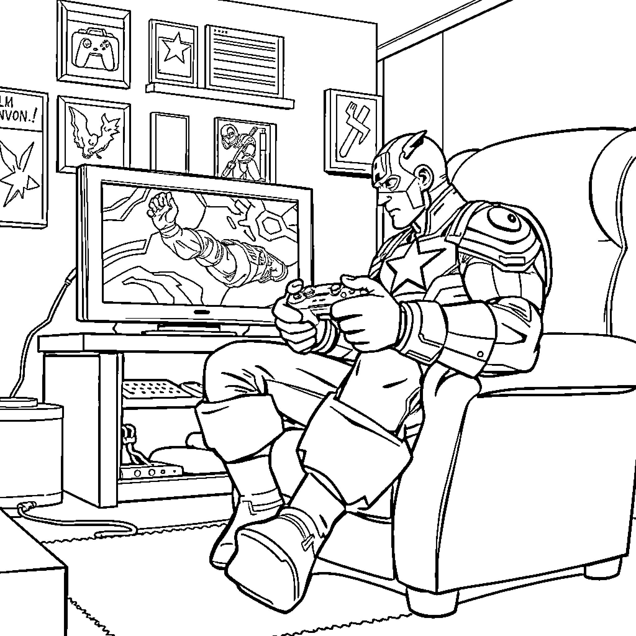 Captain America relaxing and playing video games Coloring Page (free black-and-white line drawing printable PDF for all, from beginners to advanced learners, including children, teens, adults, and seniors)